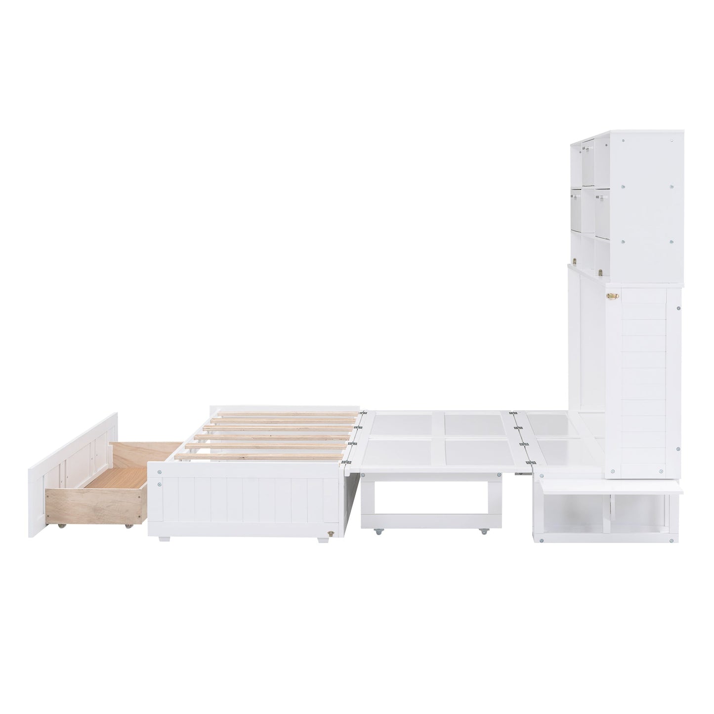 ueen Size Murphy Bed with Bookcase, Bedside Shelves and a Big Drawer, White - Korvel