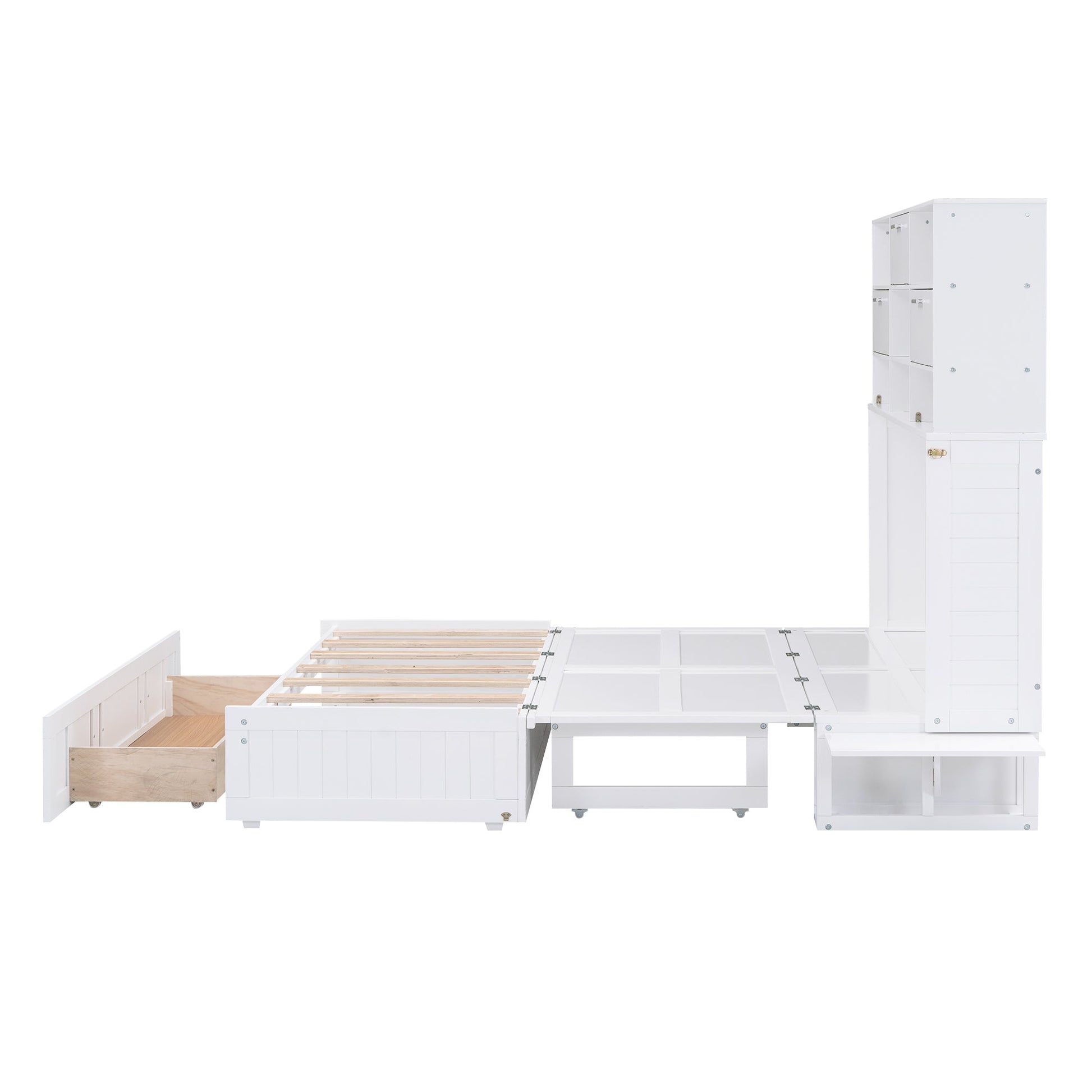 ueen Size Murphy Bed with Bookcase, Bedside Shelves and a Big Drawer, White - Korvel