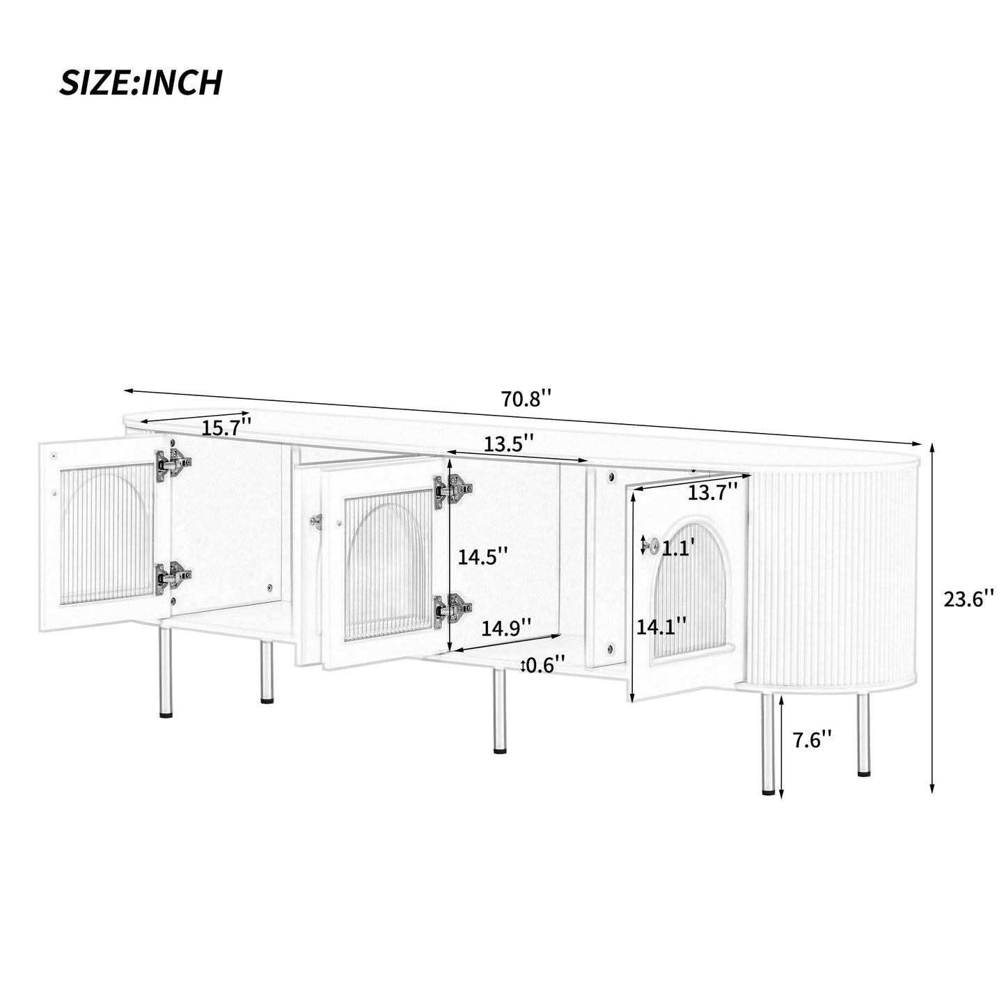 U-Can Modern TV Stand for TVs up to 80 Inches, Entertainment Center with 4 Cabinets, Wood with Metal Legs and Handles White - Korvel