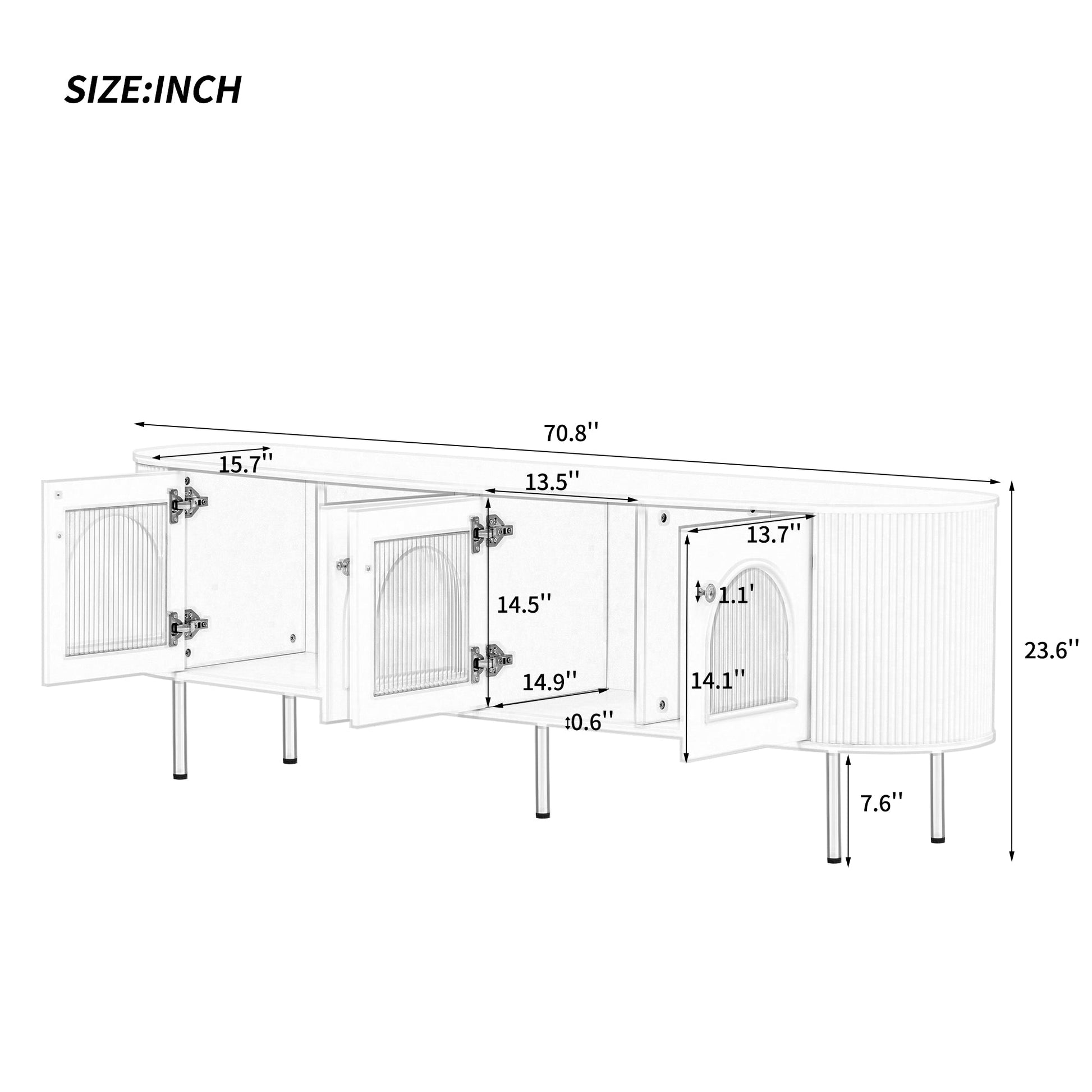 U-Can Modern TV Stand for TVs up to 80 Inches, Entertainment Center with 4 Cabinets, Wood with Metal Legs and Handles White - Korvel
