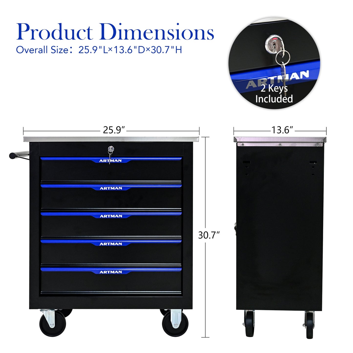 5 DRAWERS MULTIFUNCTIONAL TOOL CART WITH WHEELS-BLACK+BLUE - Korvel