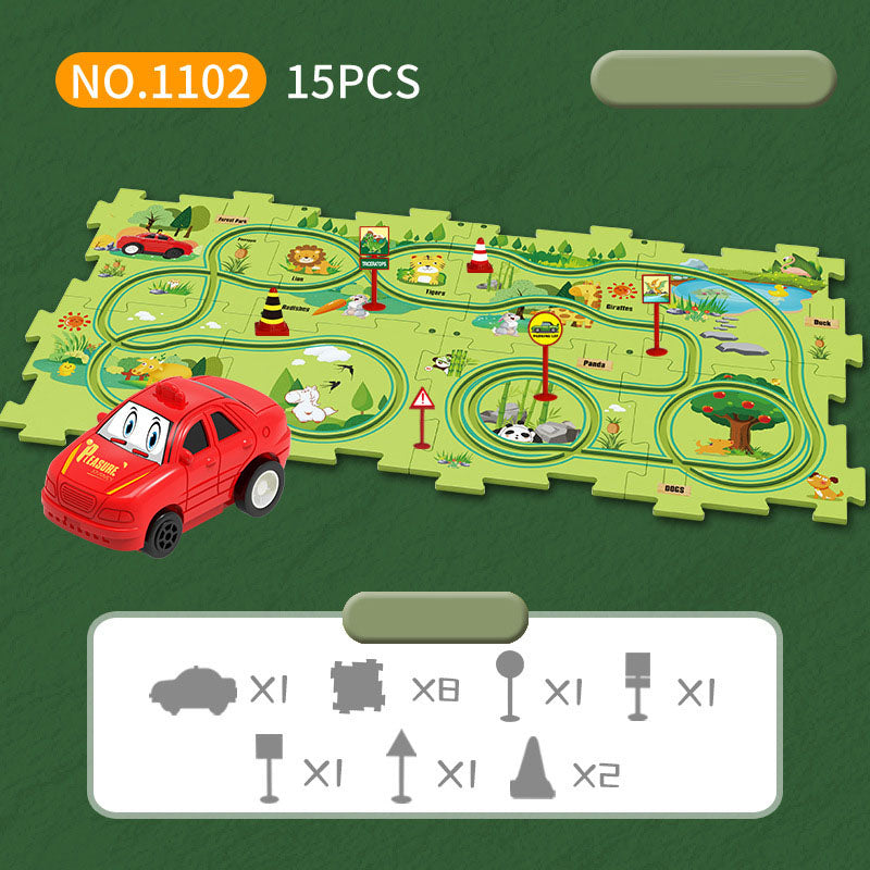 DIY assembly of children's puzzle track car with various scenarios city map construction electric puzzle track car - Korvel
