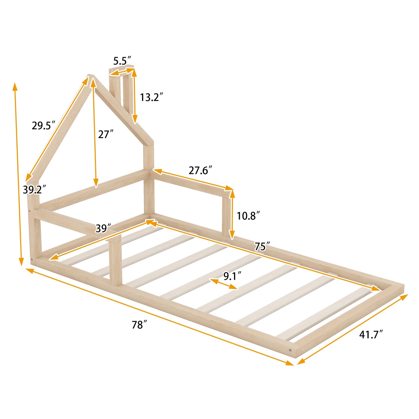 Natural Twin Size Wood Floor Bed with House Headboard
