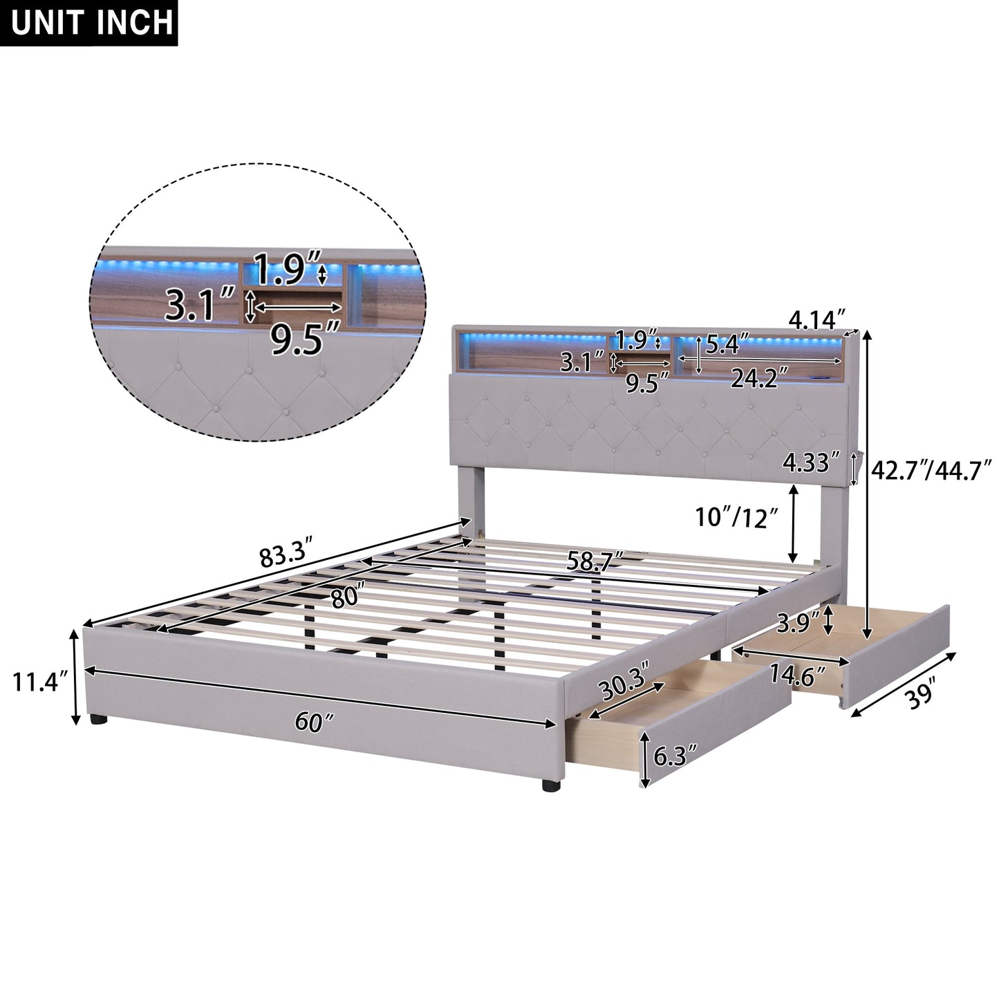 Queen Size Upholstered Platform Bed with Storage Headboard  LED  USB Charging and 2 Drawers  Beige - Korvel