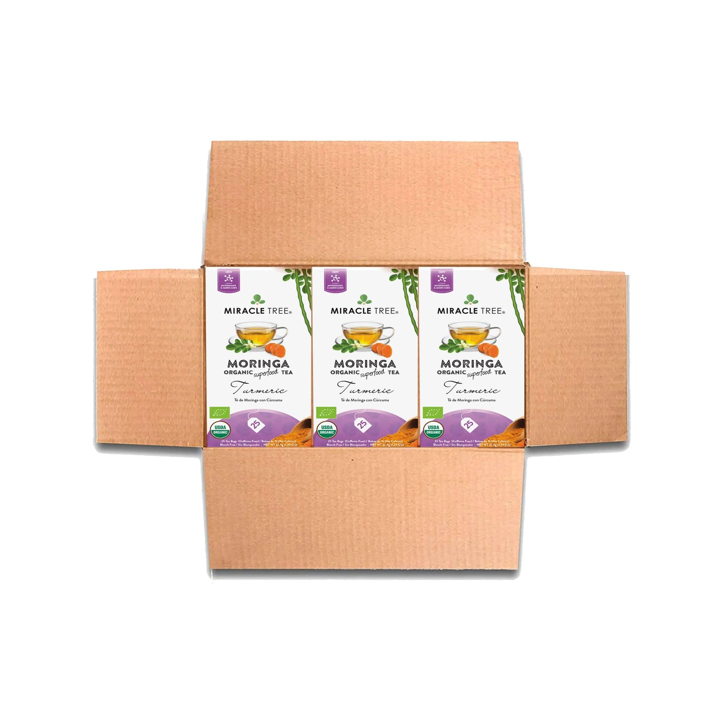 Thé biologique de Moringa et Curcuma - 25 sachets de thé emballés