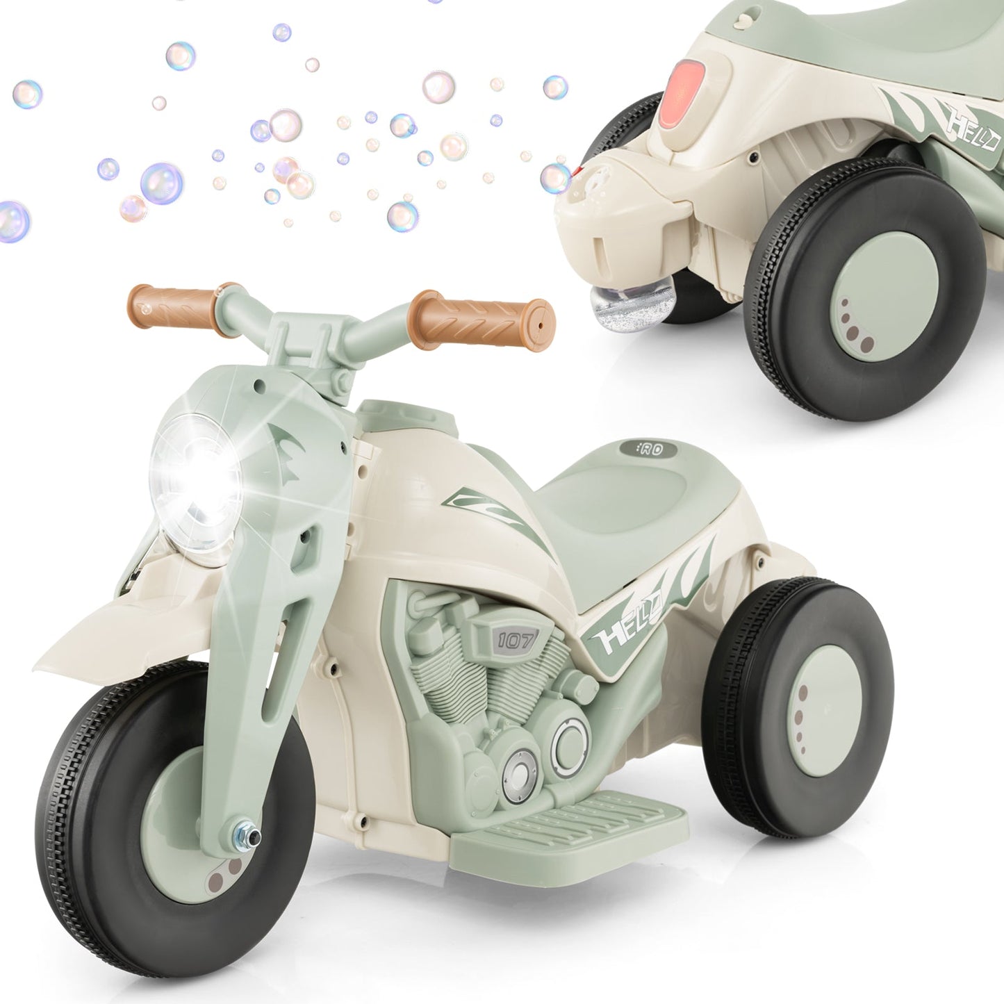6V Kids Electric Ride-On Motorcycle with Bubble Maker - Beige