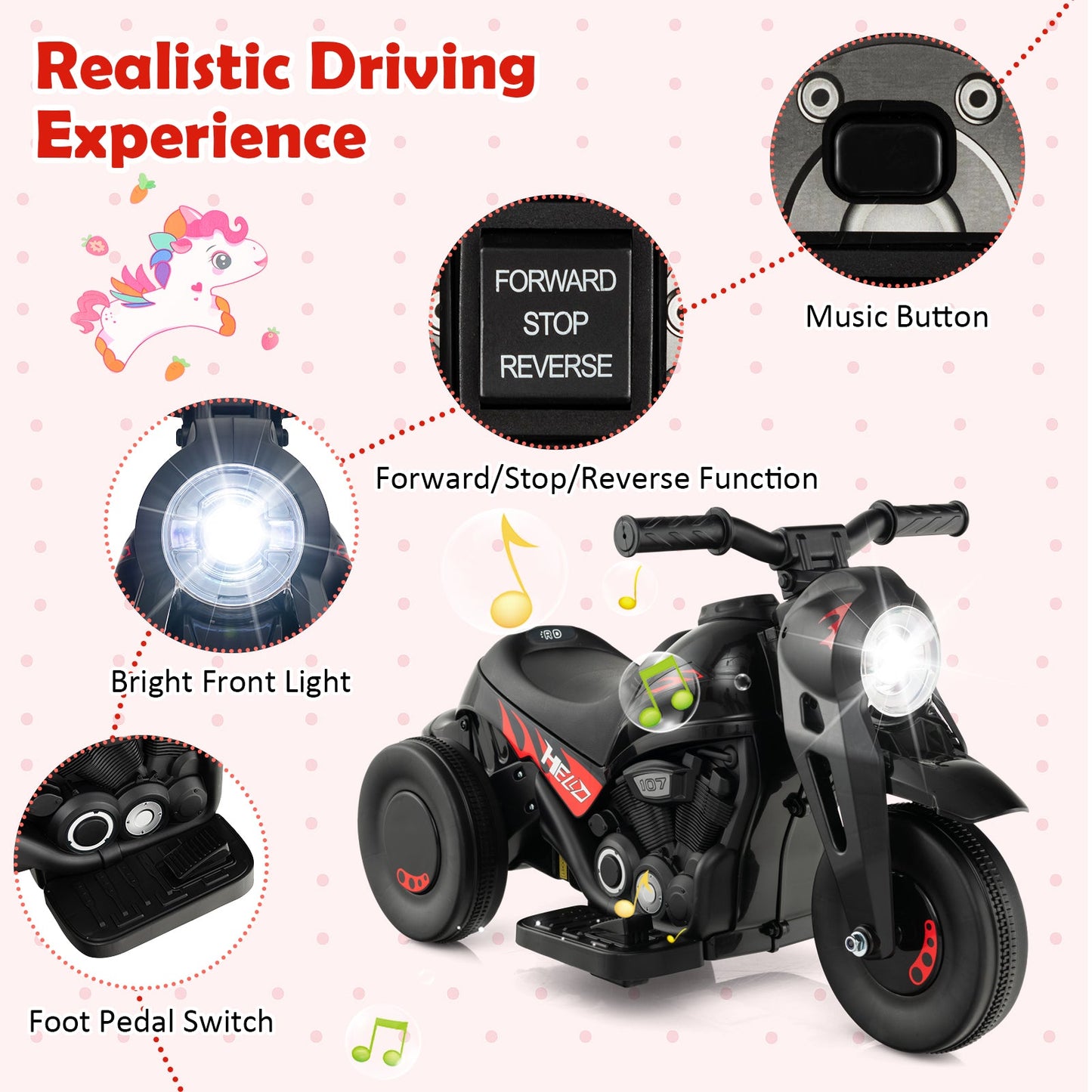 6V Kids Electric Ride-On Motorcycle with Bubble Maker - Black