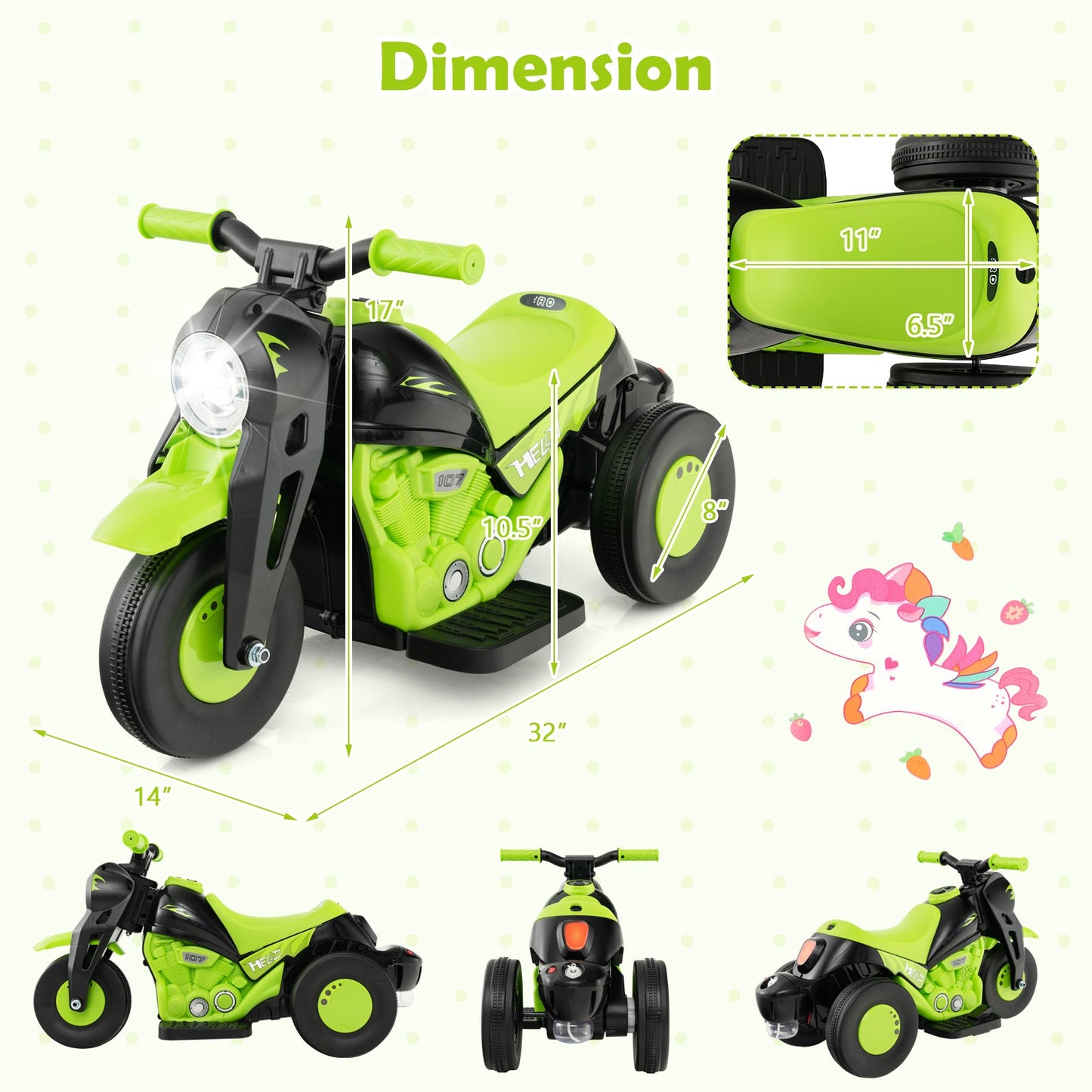 Motocicleta eléctrica para niños de 6V con generador de burbujas - Verde