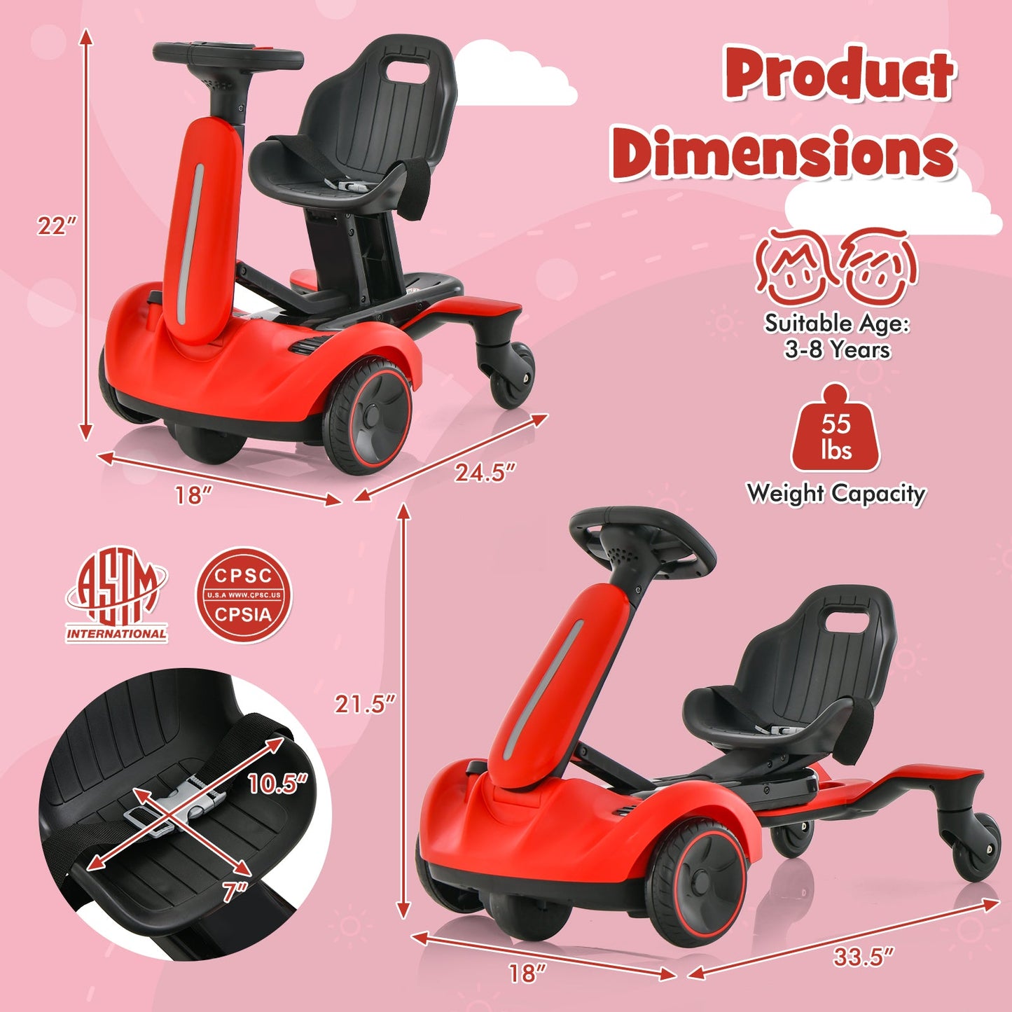 6V Kids Ride On Drift Car - 360° Spin & Adjustable Heights - Red