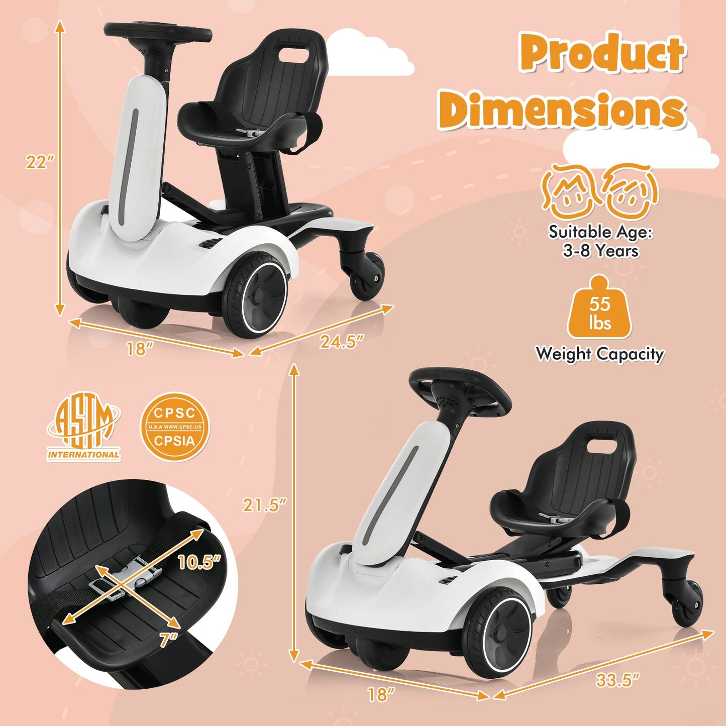 6V Kids Ride On Drift Car - White with 360° Spin & Adjustable Heights