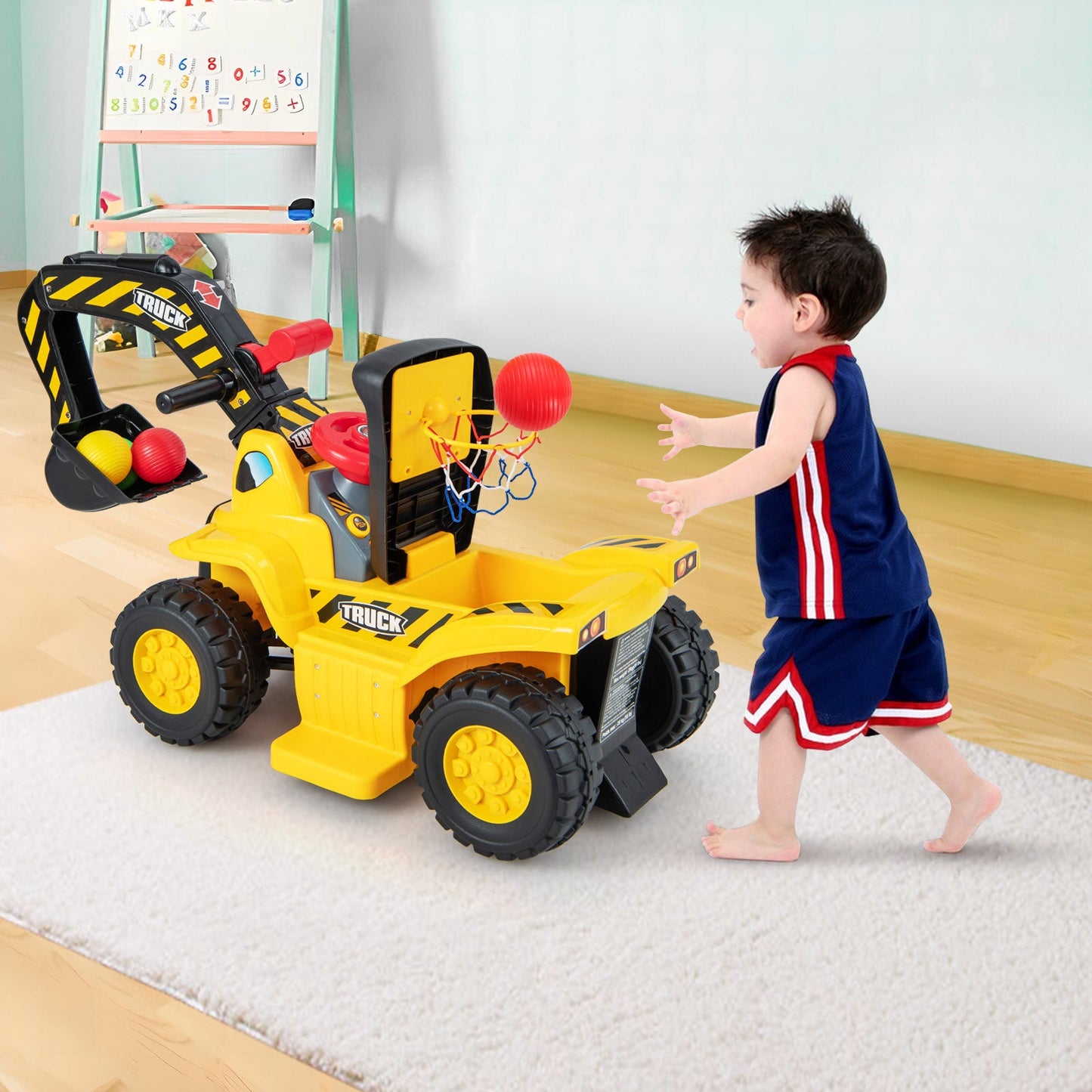 6V Kids Ride On Excavator with Basketball Hoop