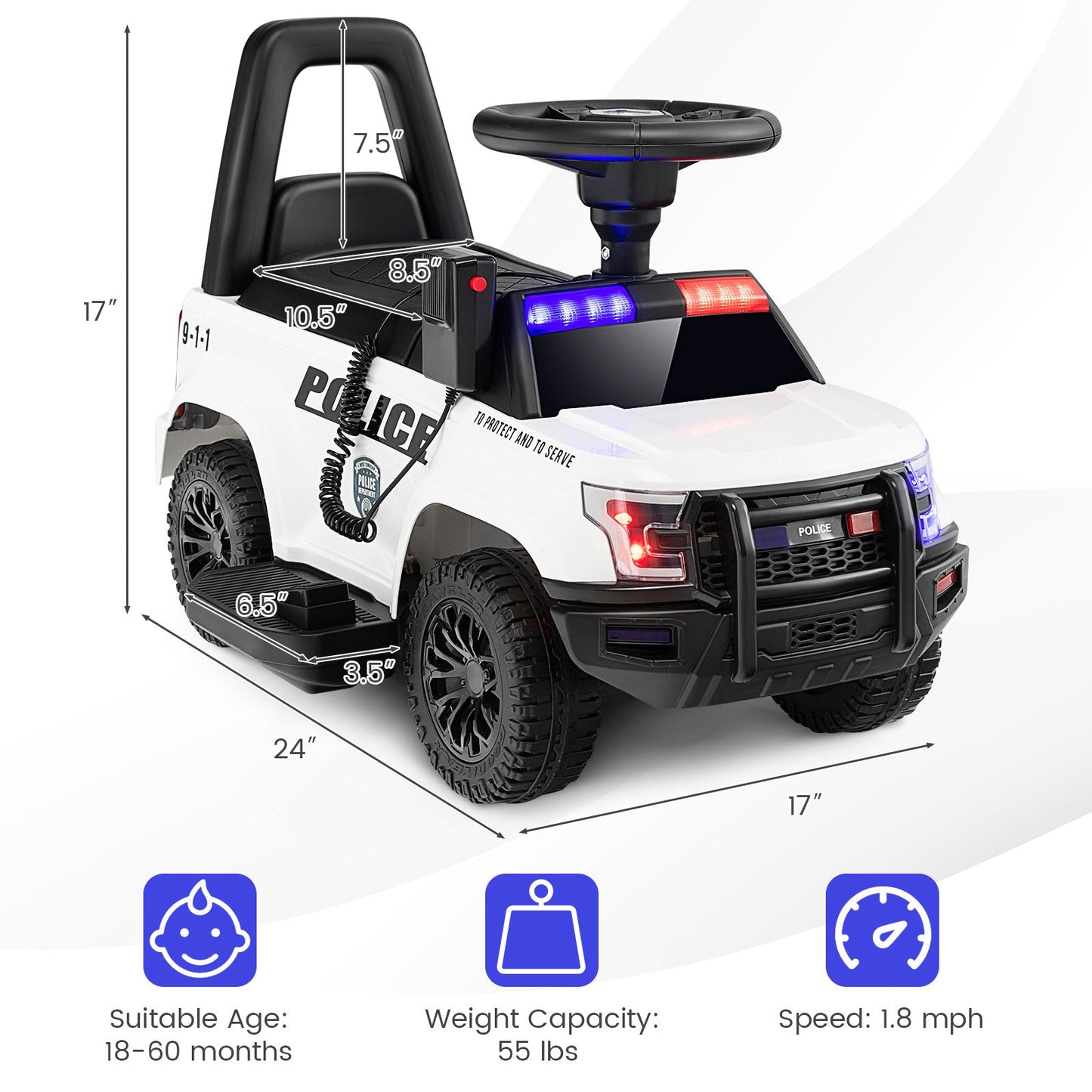 Coche de Policía para Niños 6V con Megáfono y Luces Intermitentes