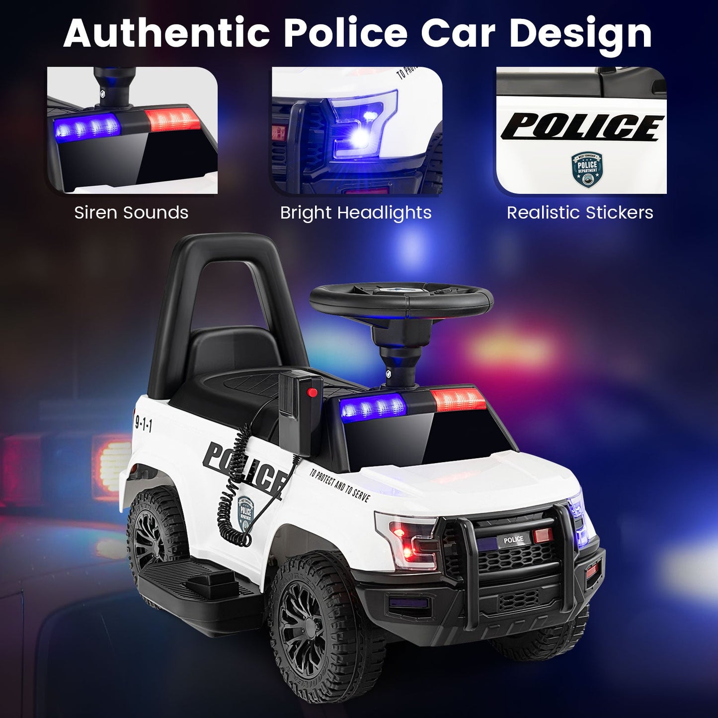Coche de Policía para Niños 6V con Megáfono y Luces Intermitentes