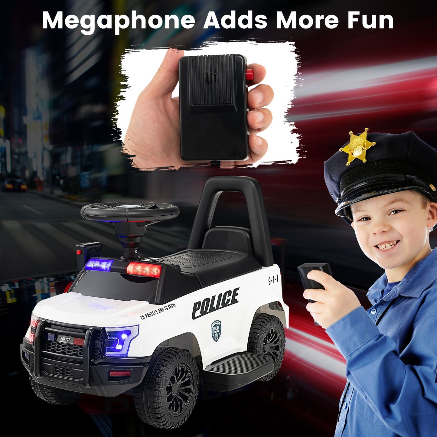Coche de Policía para Niños 6V con Megáfono y Luces Intermitentes