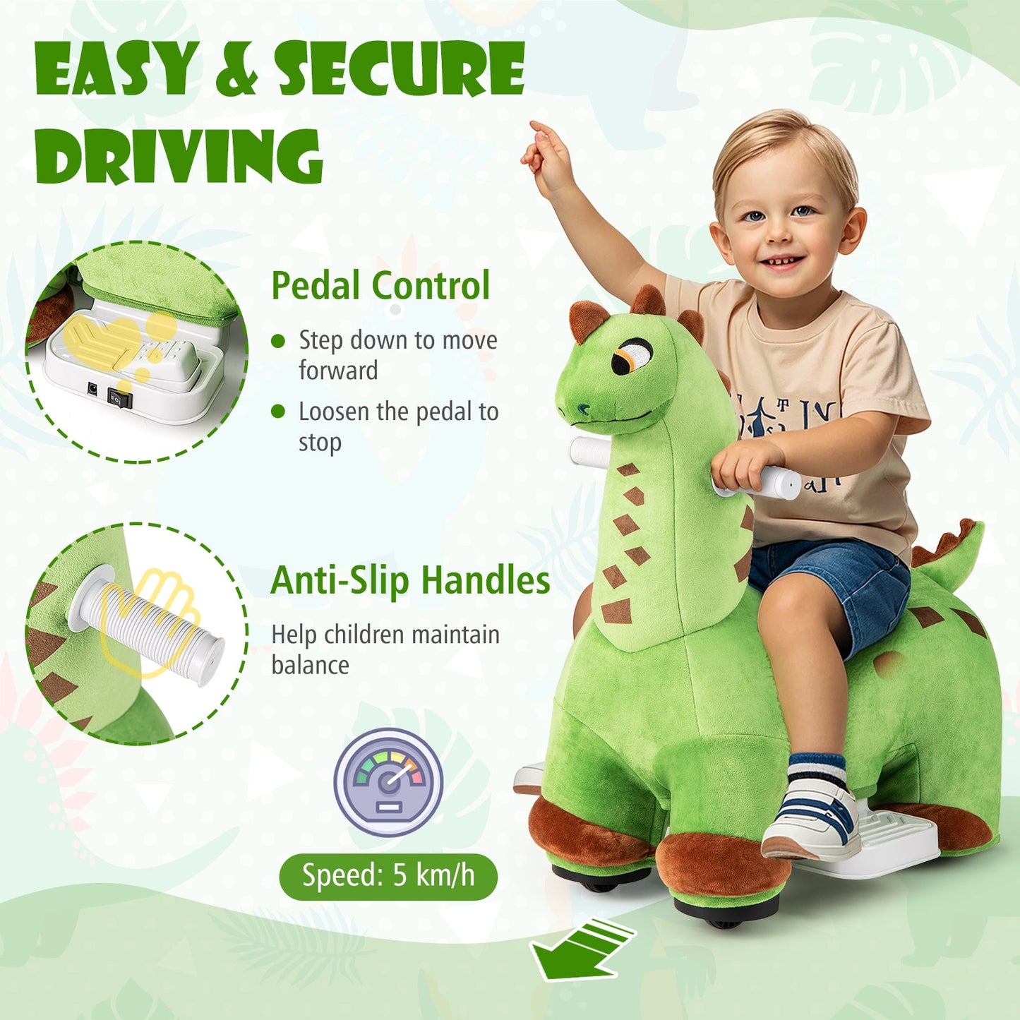 Dinosaur de paseo para niños de 6V con música y asiento acolchado - Verde
