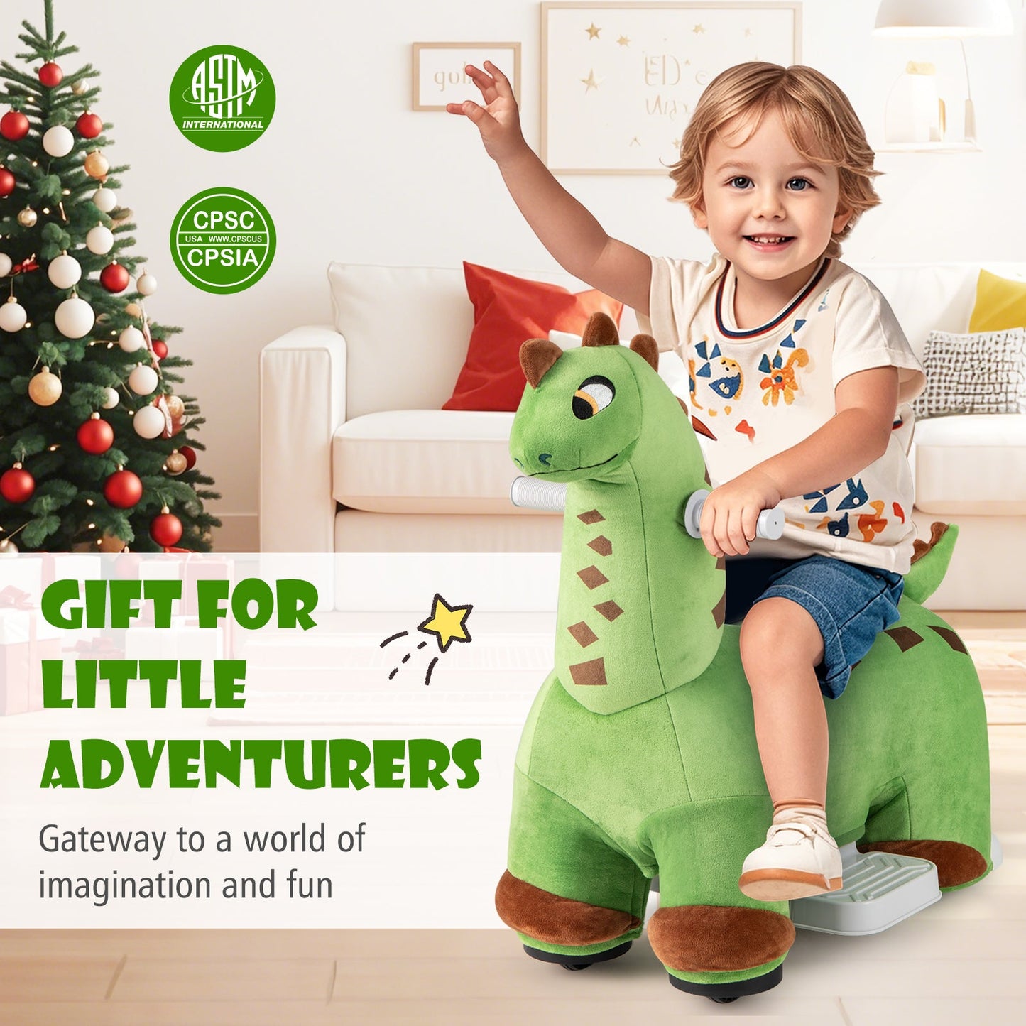 Dinosaur de paseo para niños de 6V con música y asiento acolchado - Verde