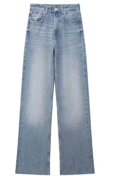 Pantalones de mezclilla de pierna ancha rectos de cintura alta para mujeres