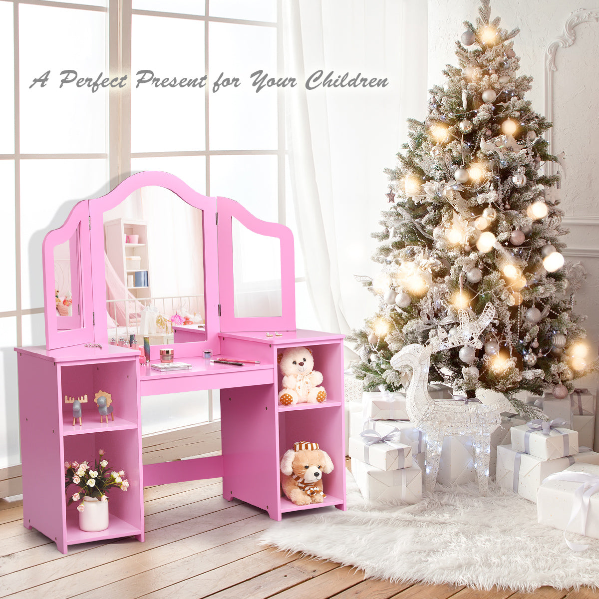 Kids Tri Folding Mirror Makeup Vanity Table Set - Pink