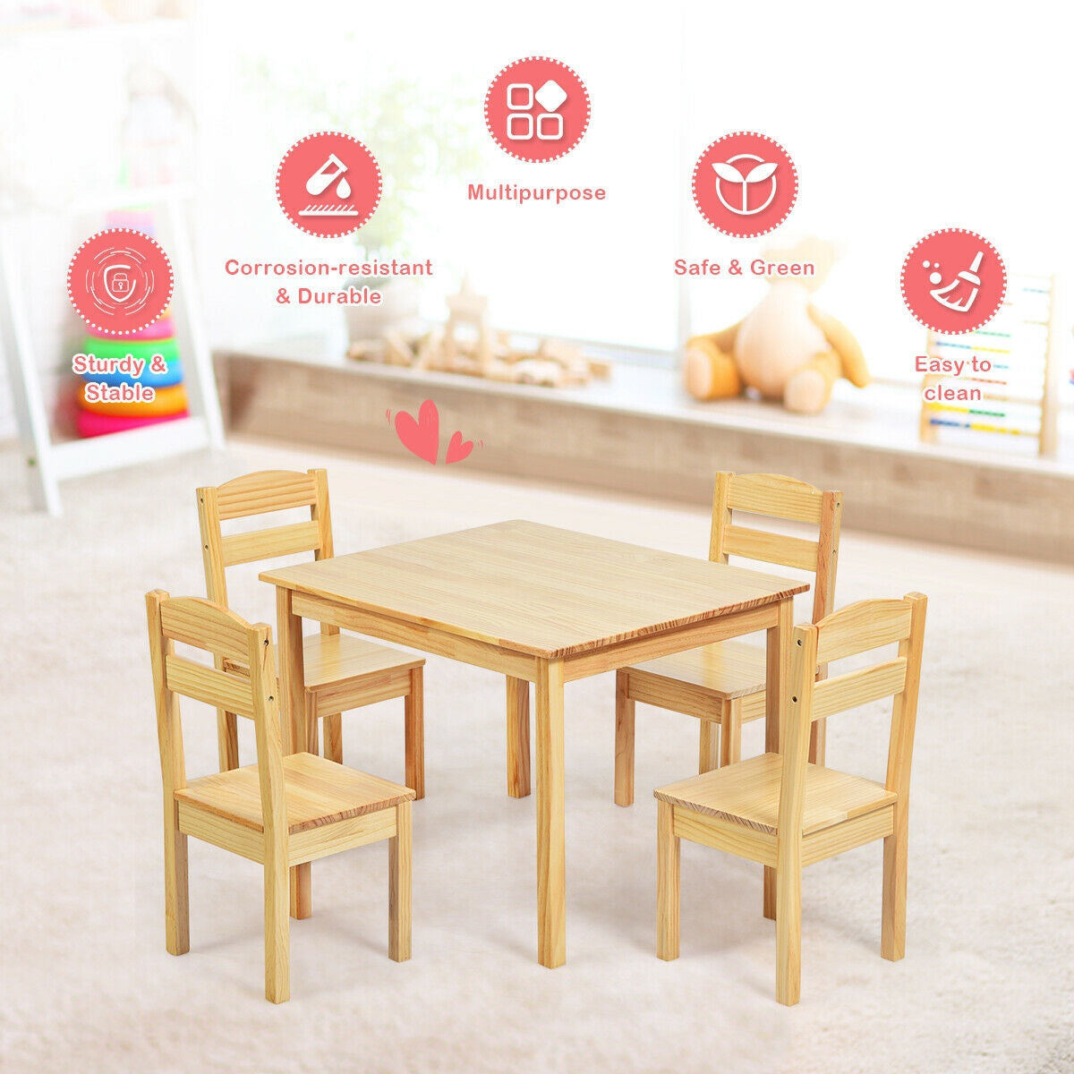 Juego de Mesa y Sillas de Madera de Pino para Niños de 5 Piezas