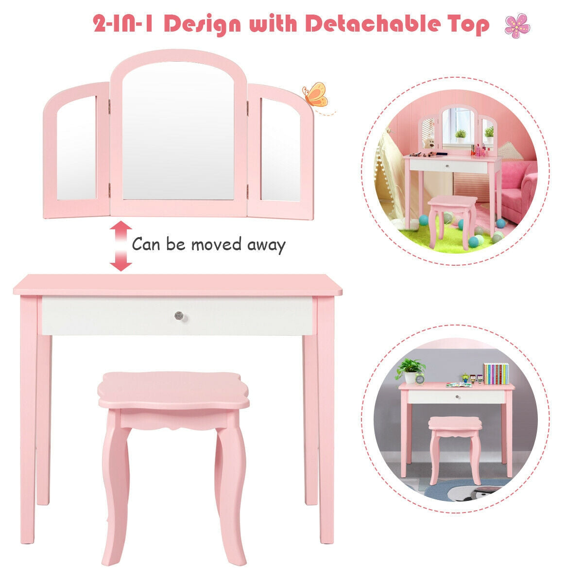 Kids Princess Make Up Dressing Table with Tri-folding Mirror - Pink