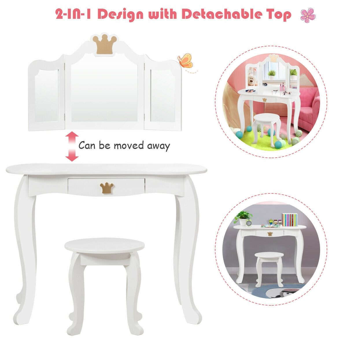Kids Makeup Dressing Table with Tri-fold Mirror and Stool - White