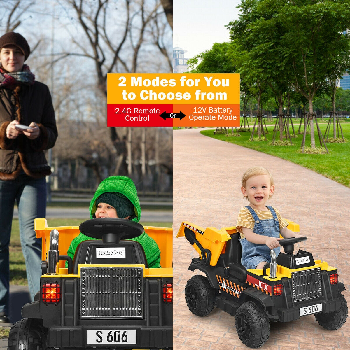 12V Battery Kids Ride On Dump Truck with Electric Bucket - Yellow