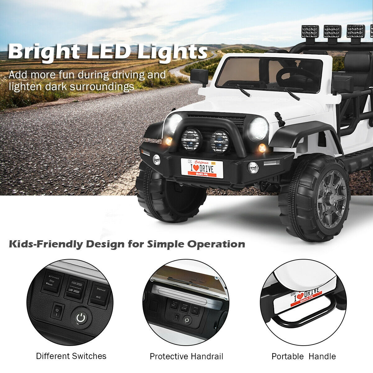 Coche eléctrico de 12V para 2 pasajeros con control remoto - Blanco