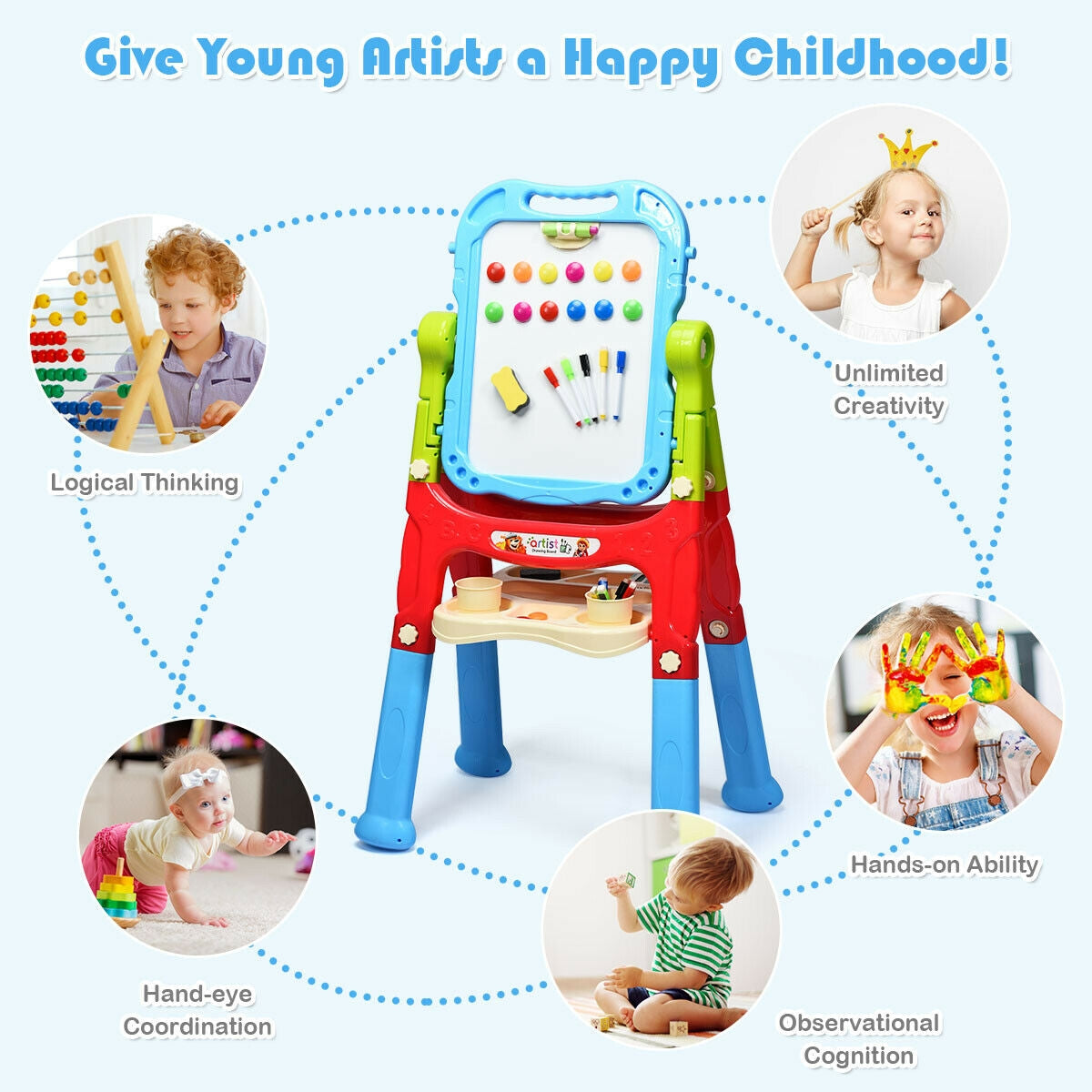 Height Adjustable Kids Art Easel - Magnetic Double Sided Board