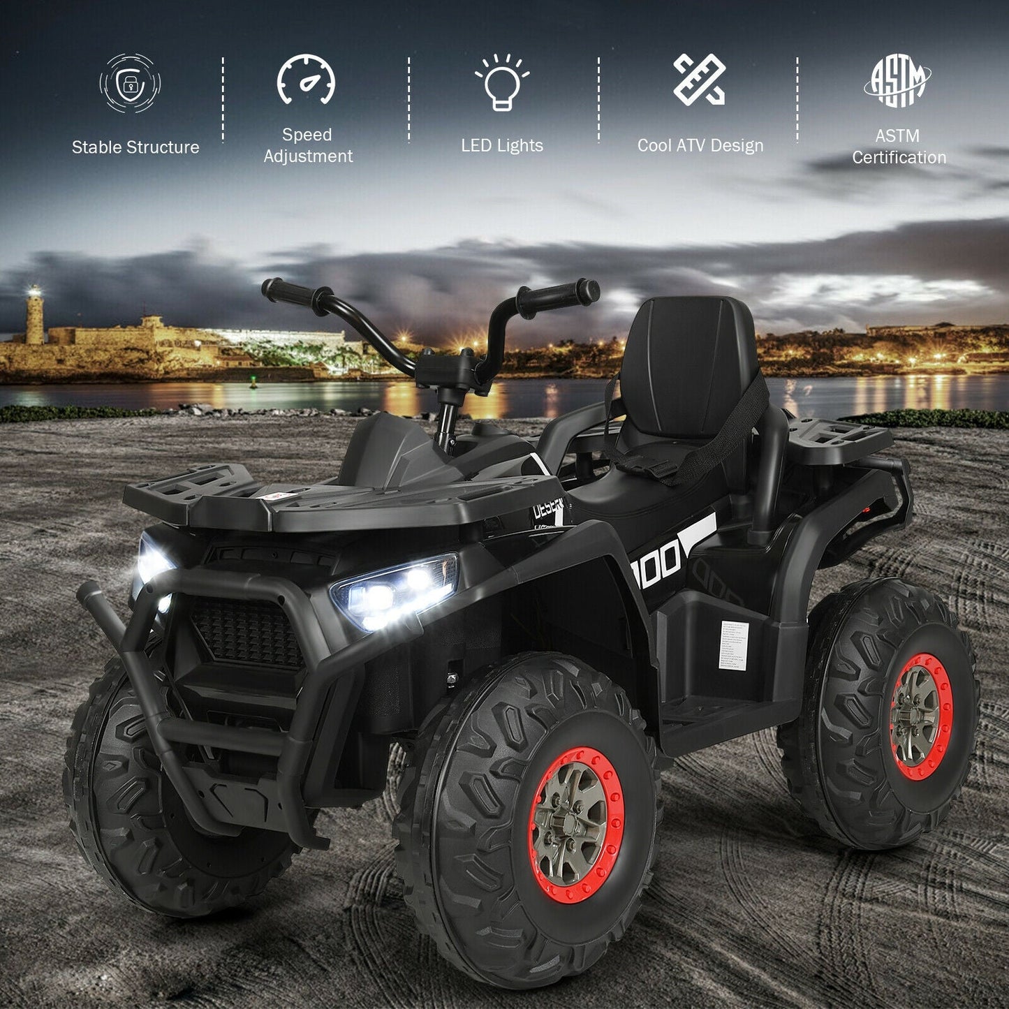 Quad ATV électrique 4 roues pour enfants 12V avec MP3 et lumières LED - Noir