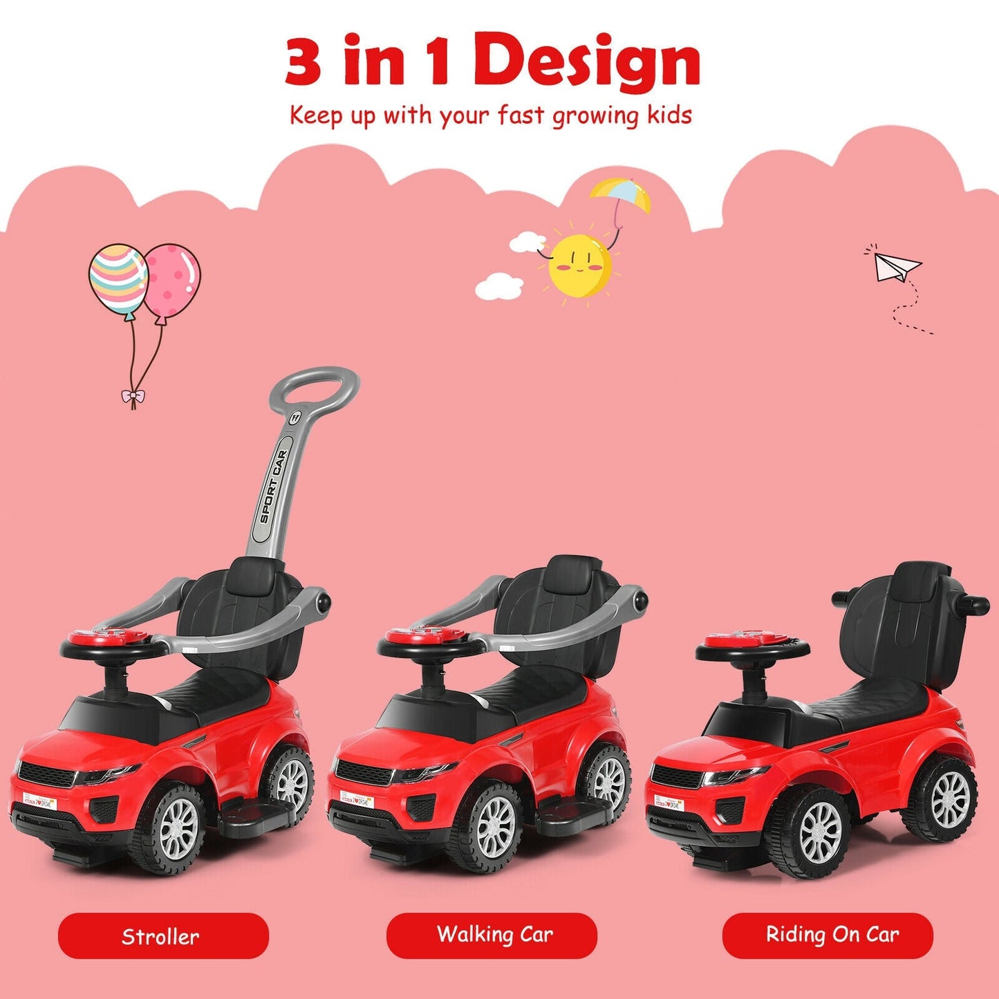 Poussette convertible 3-en-1 pour tout-petit et voiture à pousser - Rouge