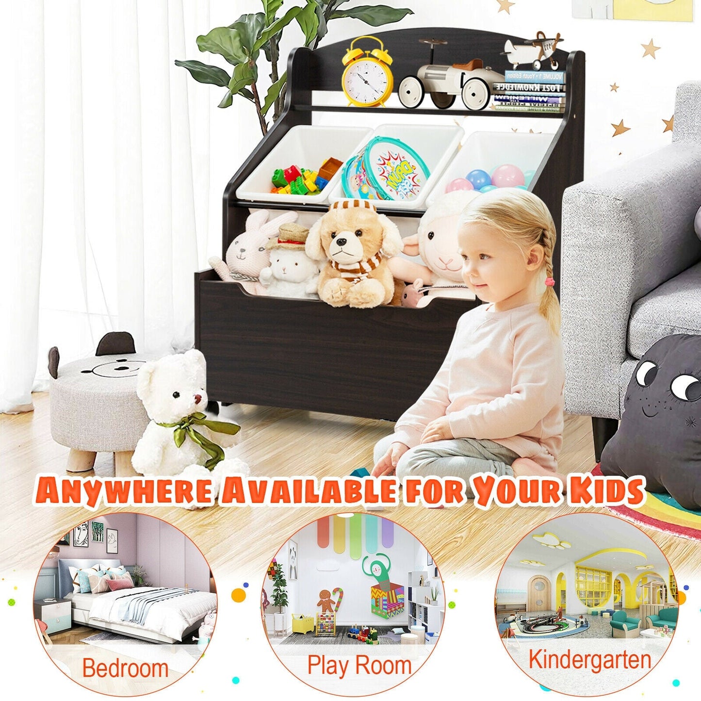 Unité de rangement en bois pour jouets pour enfants avec boîte à jouets roulante - Espresso
