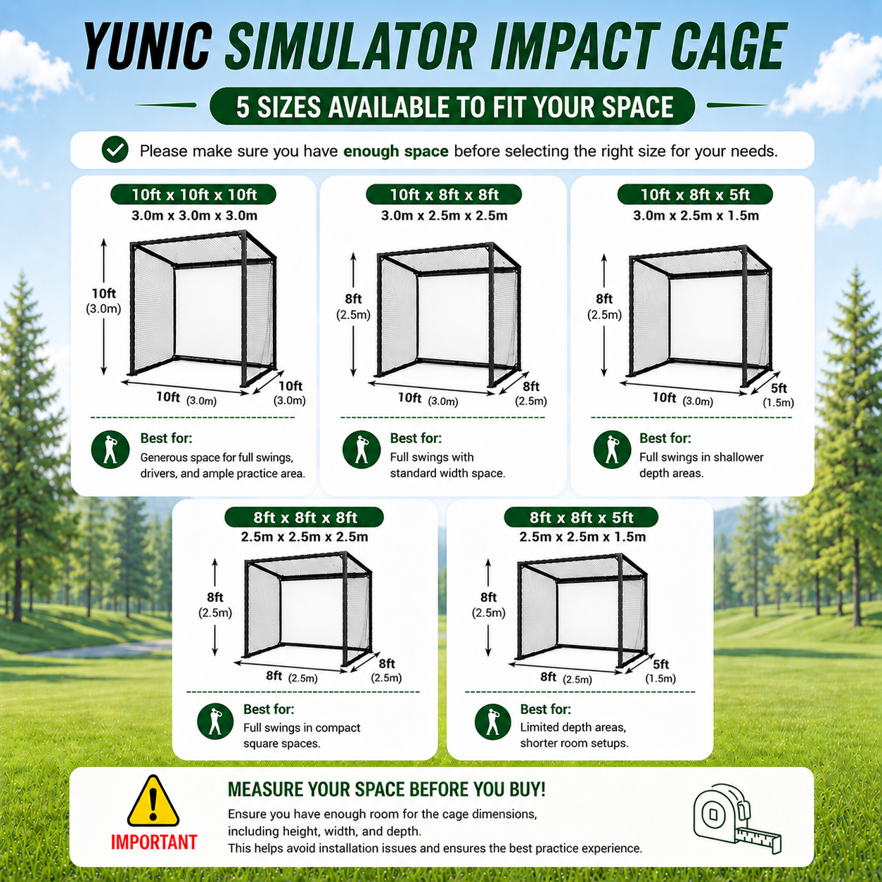 Cage d'entraînement de golf YUNIC Premium avec cadre robuste et écran de simulateur