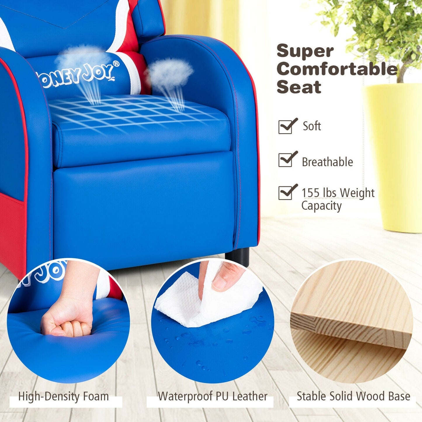 Fauteuil inclinable en cuir pour enfants avec poches latérales - Bleu