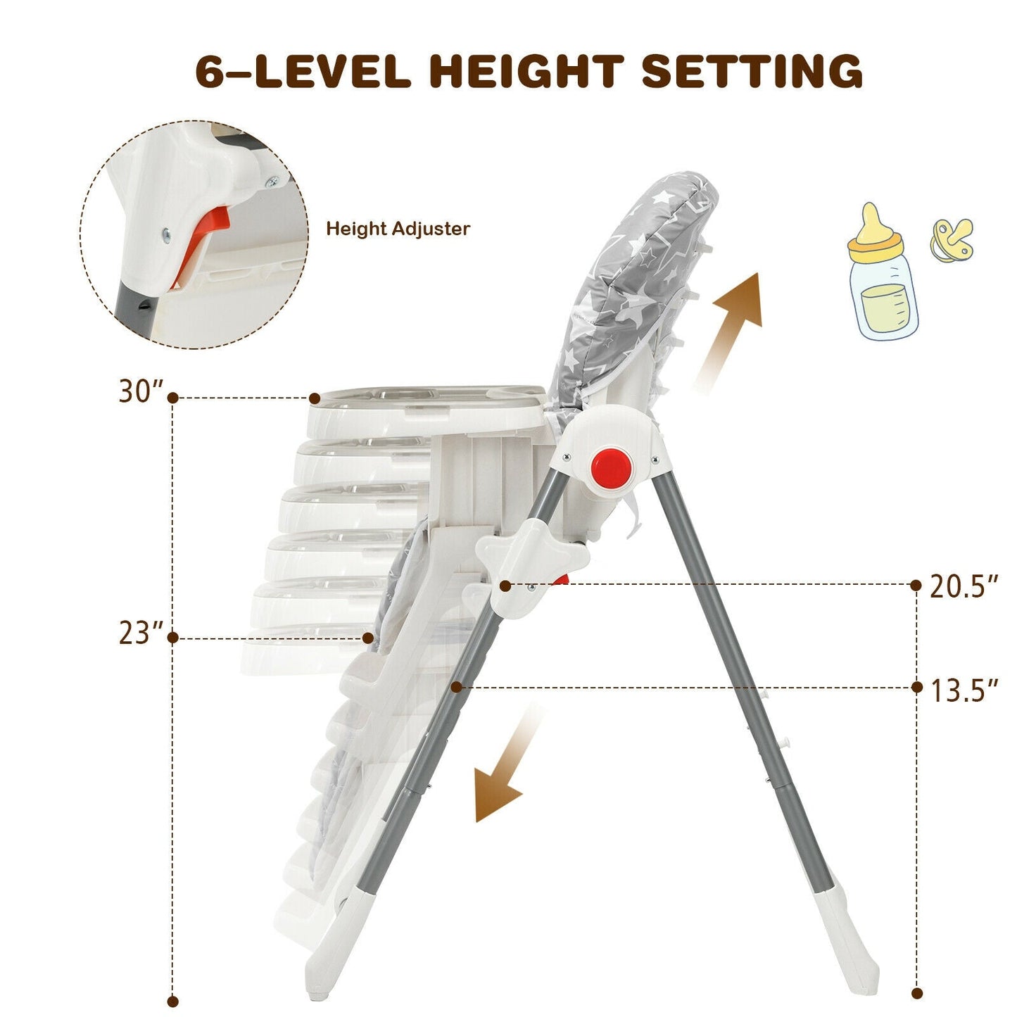 Chaise Haute Pliable pour Bébé avec Réglage de Hauteur à 6 Niveaux - Gris