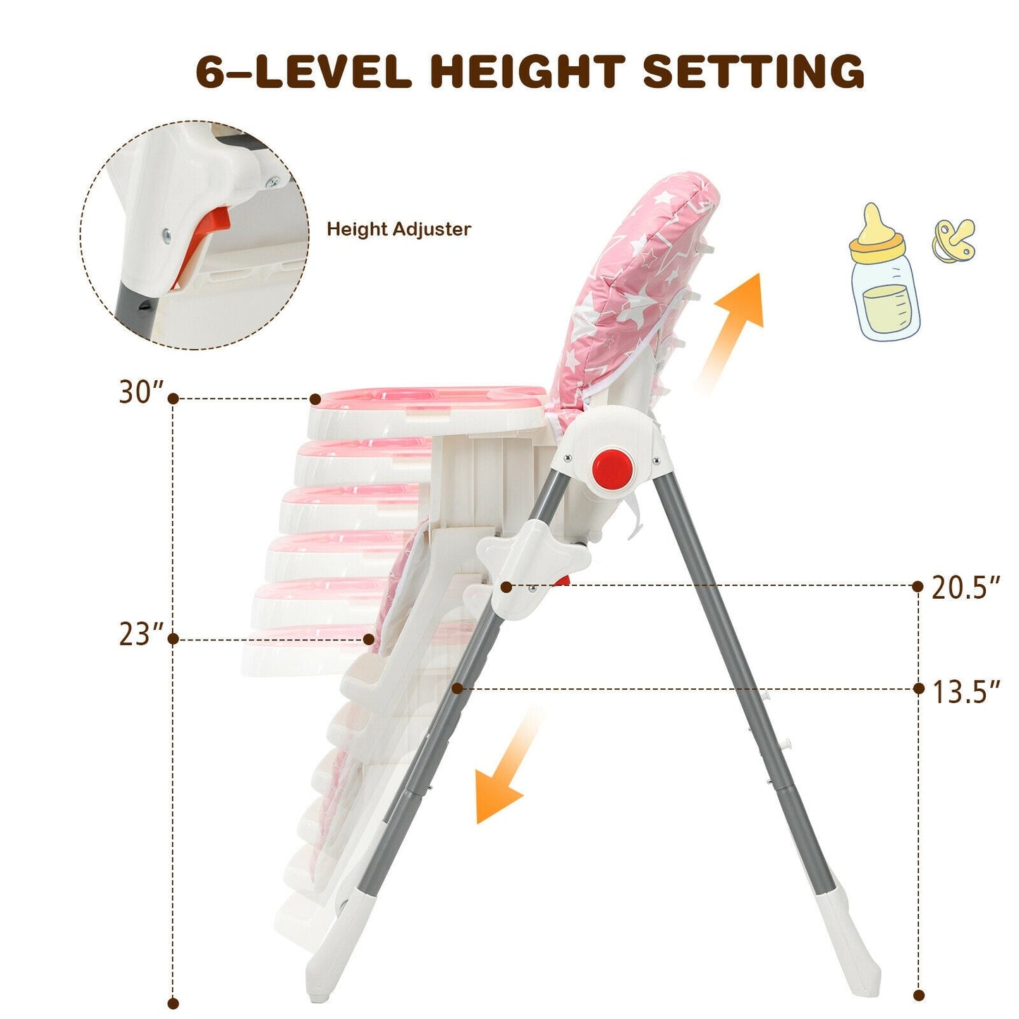 Folding Baby High Dining Chair with 6-Level Height Adjustment - Pink