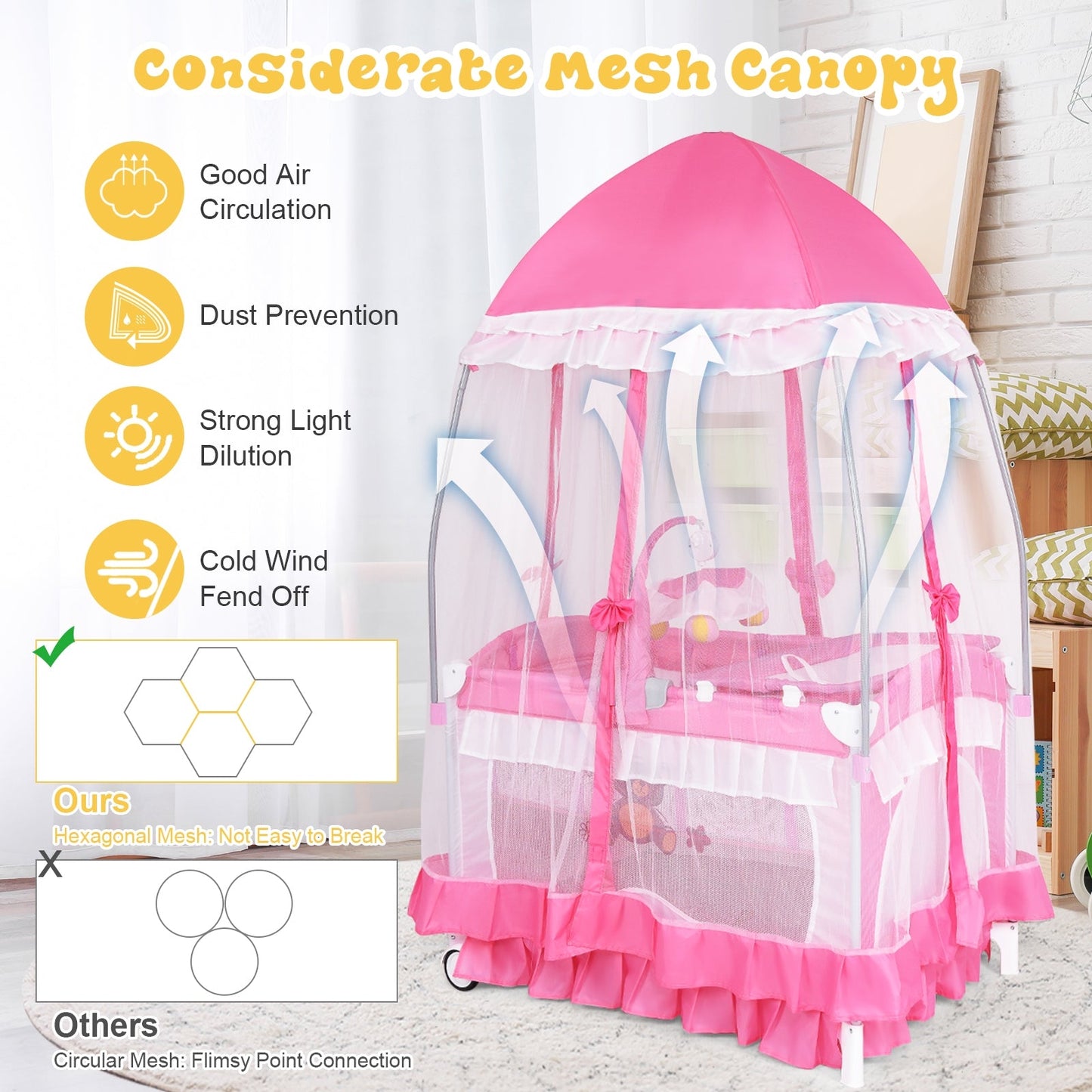 Portable Baby Playpen Crib with Carrying Bag - Pink