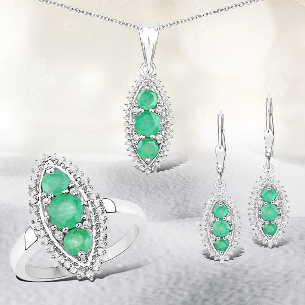 3.52 Carat Genuine Zambian Emerald & White Topaz Jewelry Set