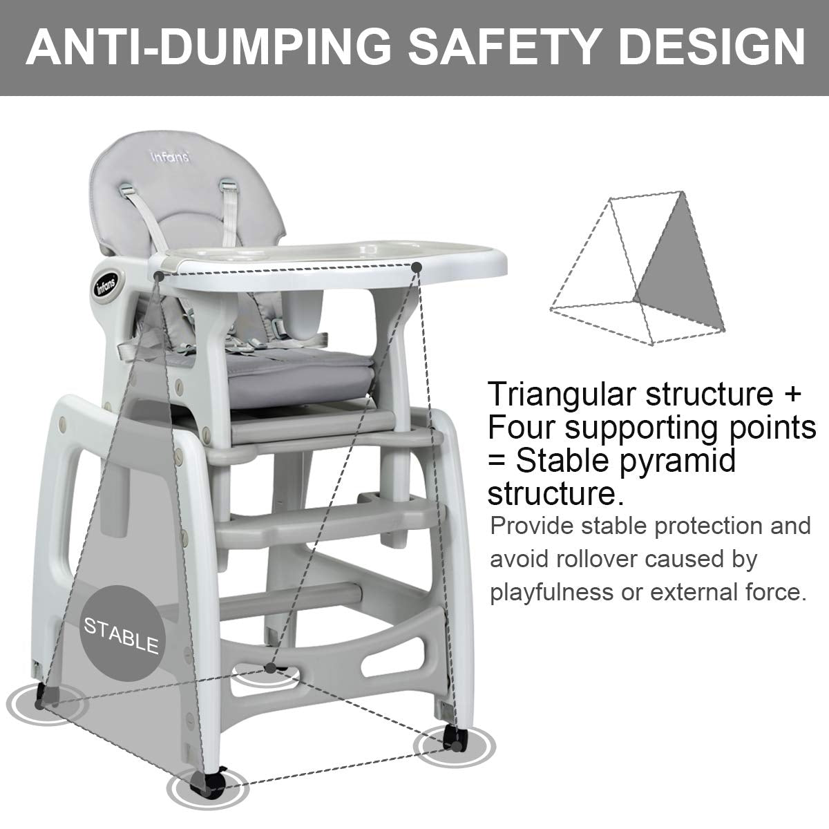 3-in-1 Convertible Baby High Chair with Lockable Wheels - Gray