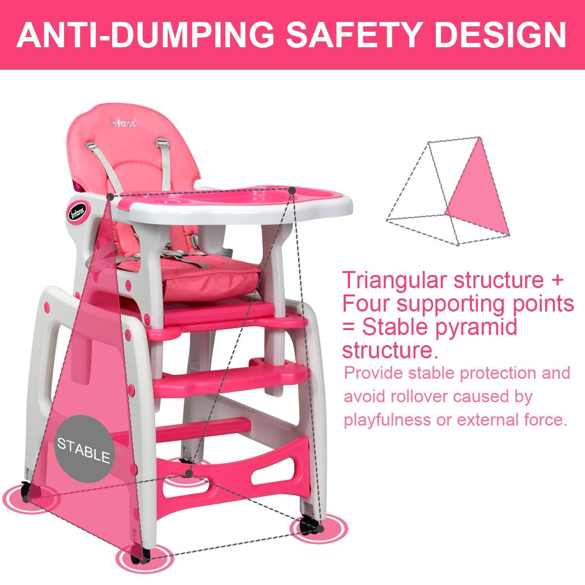 3-in-1 Convertible Baby High Chair - Pink