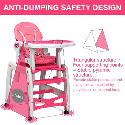 Chaise haute convertible 3 en 1 - Rose