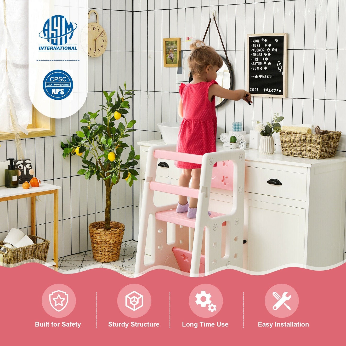 Marchepied de Cuisine pour Enfants avec Double Barrière de Sécurité - Rose