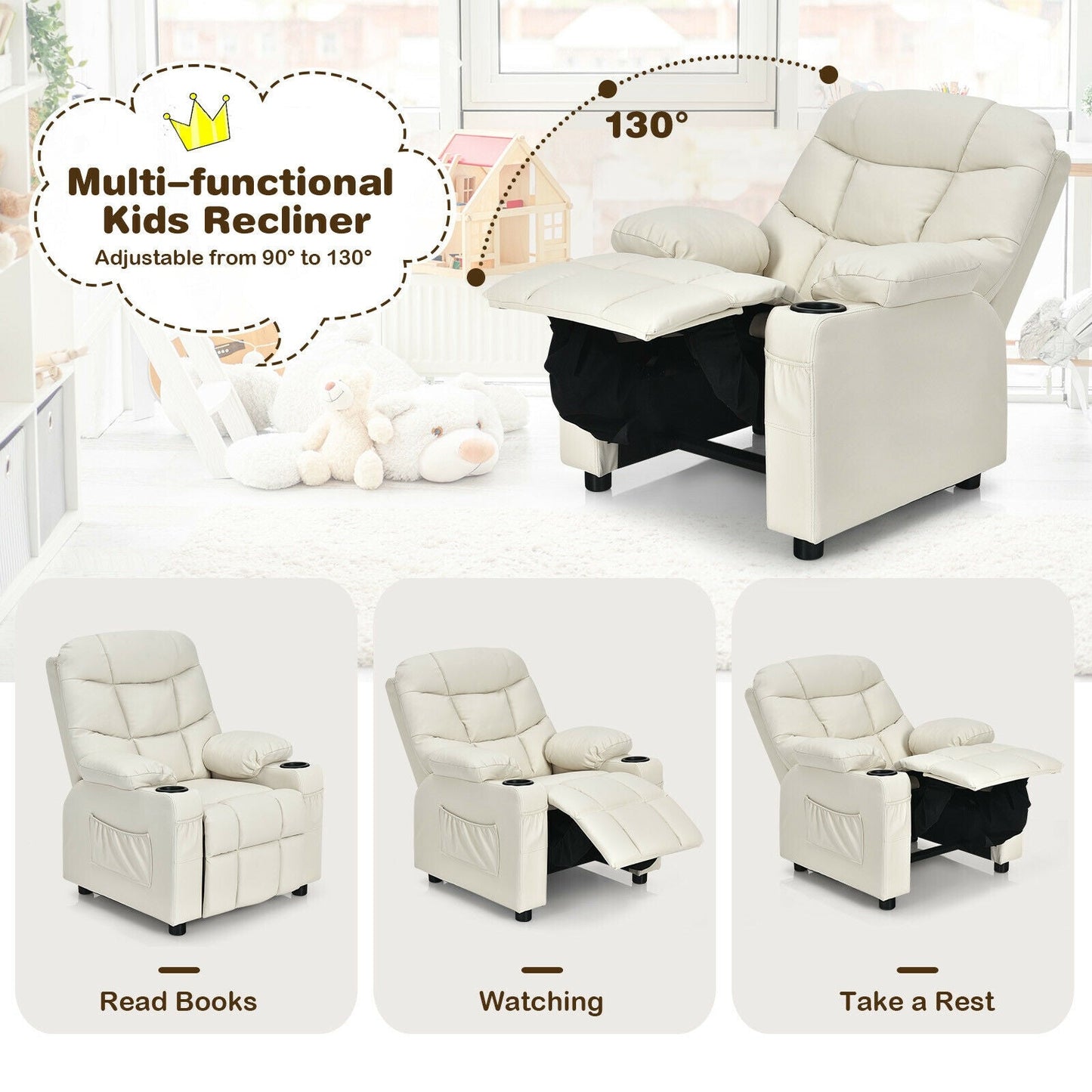 Fauteuil inclinable pour enfants avec porte-gobelet et repose-pieds - Beige