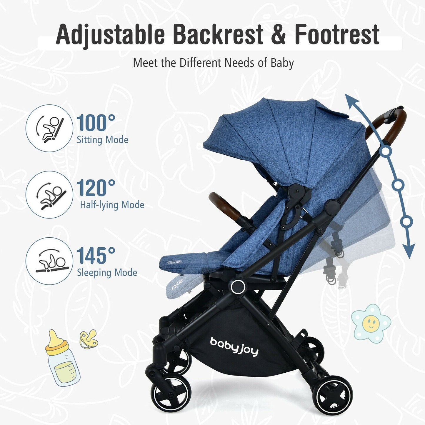 Poussette pour bébé convertible 2-en-1 en aluminium avec auvent réglable - Bleu