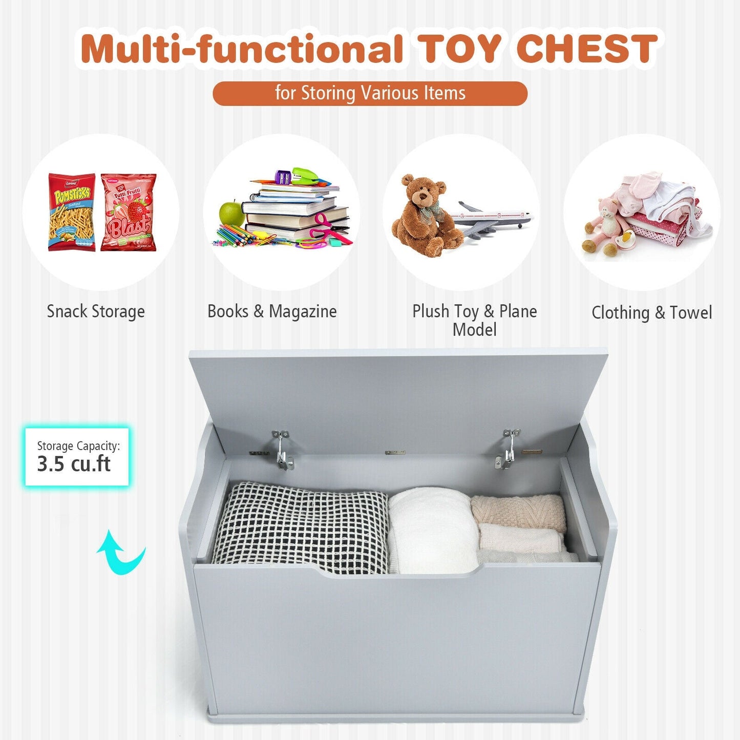 Banco de Almacenamiento de Madera para Niños con Tapa Abatible y Cojín - Gris