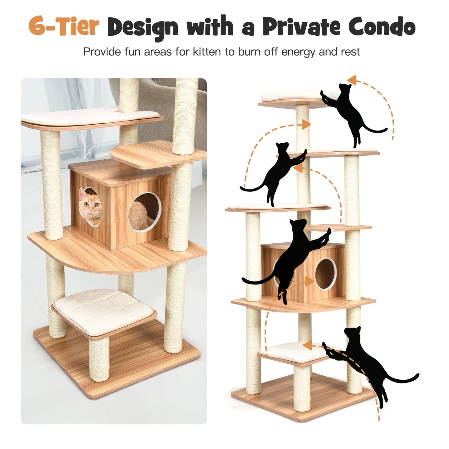 7-Layer Wooden Cat Tree with Sisal Posts and Condo - Natural