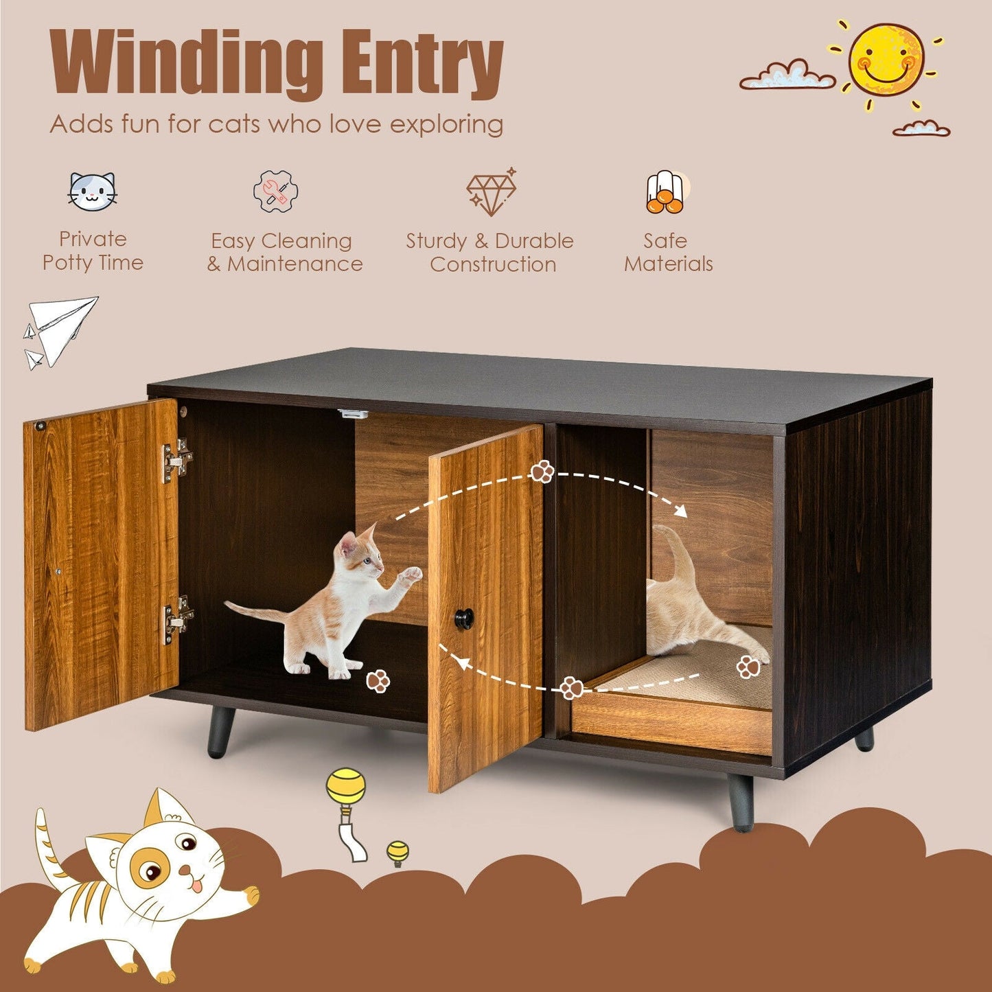 Cat Litter Box Enclosure with Divider and Double Doors - Coffee