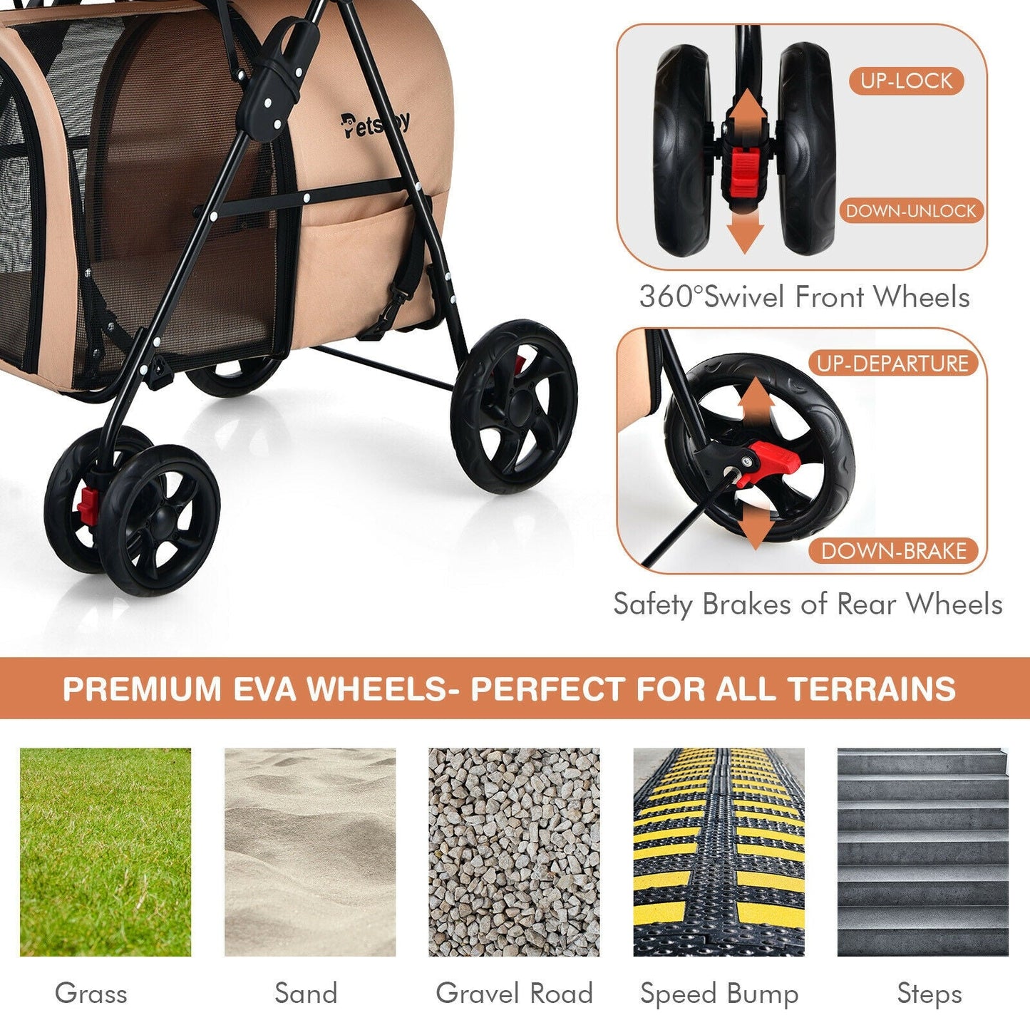 Carrito de Mascotas Doble 4 en 1 con Transportín Desmontable - Beige