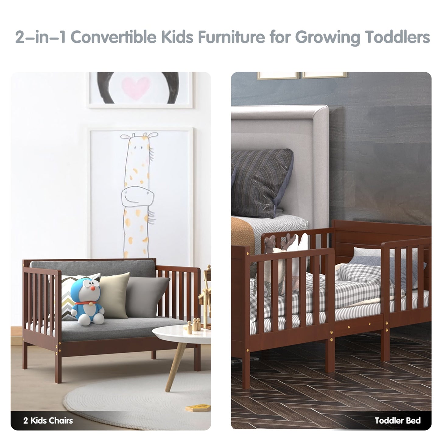 2-in-1 Convertible Kids Wooden Toddler Bed with Guardrails - Brown