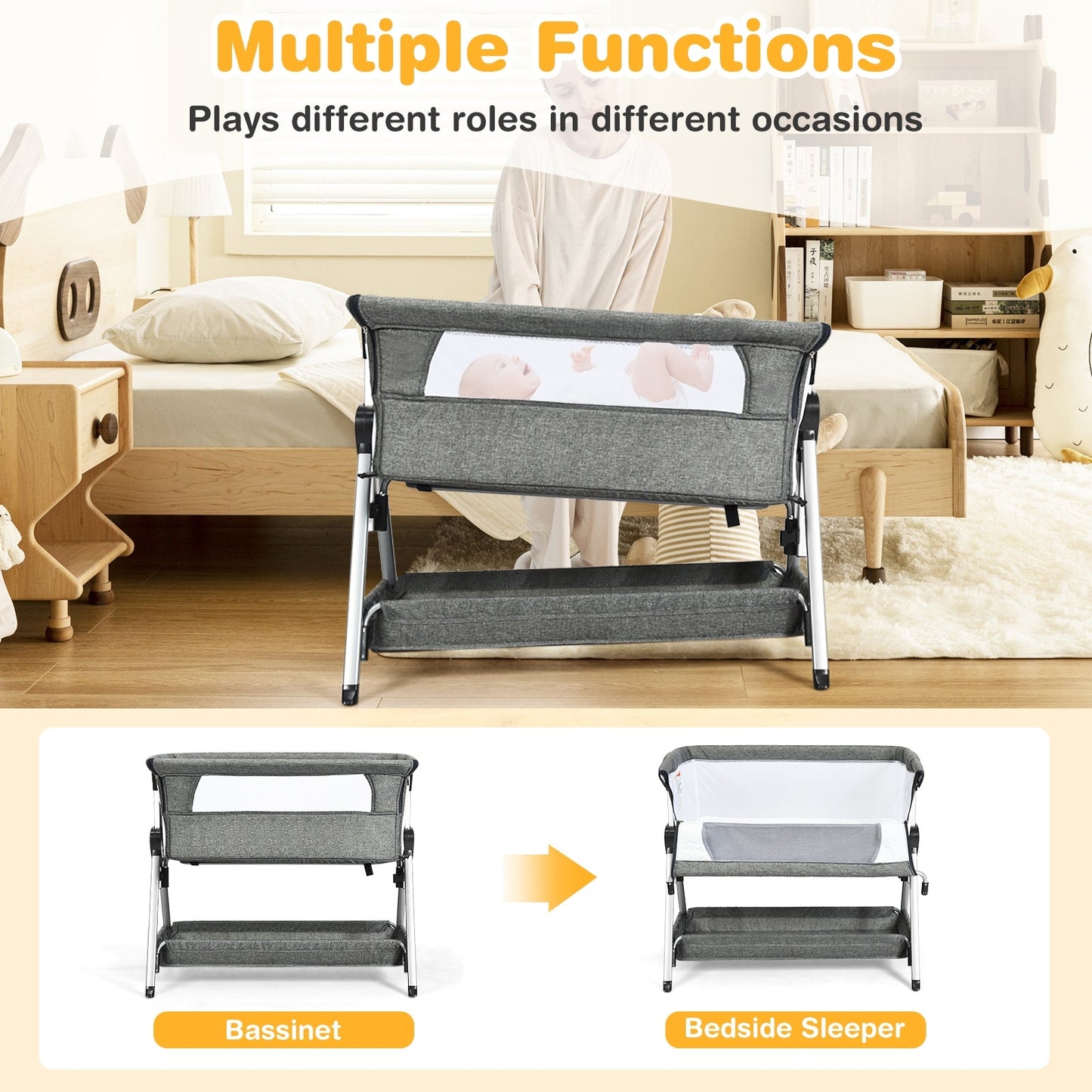 Adjustable Baby Bedside Crib with Large Storage - Dark Gray
