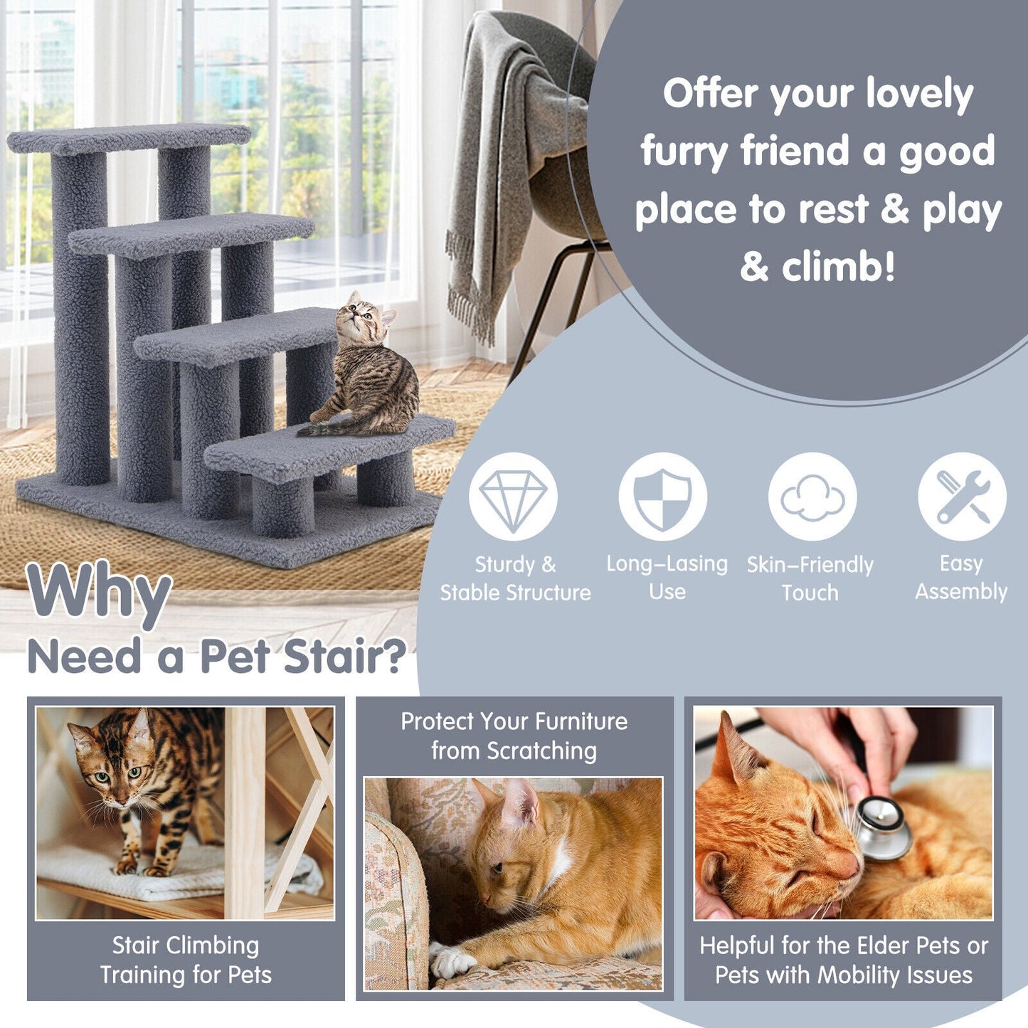 Escaliers pour animaux de compagnie en moquette à 4 marches de 24 pouces pour chats - Gris